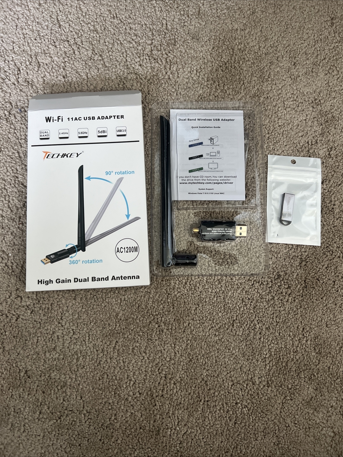 Techkey Wi-Fi 11AC USB Adapter High Gain Dual Antennas 2.4GHz+5.8GHz