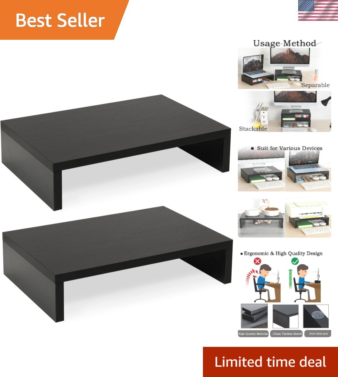 2-Pack Wood Monitor Stand Riser for Desk , Black