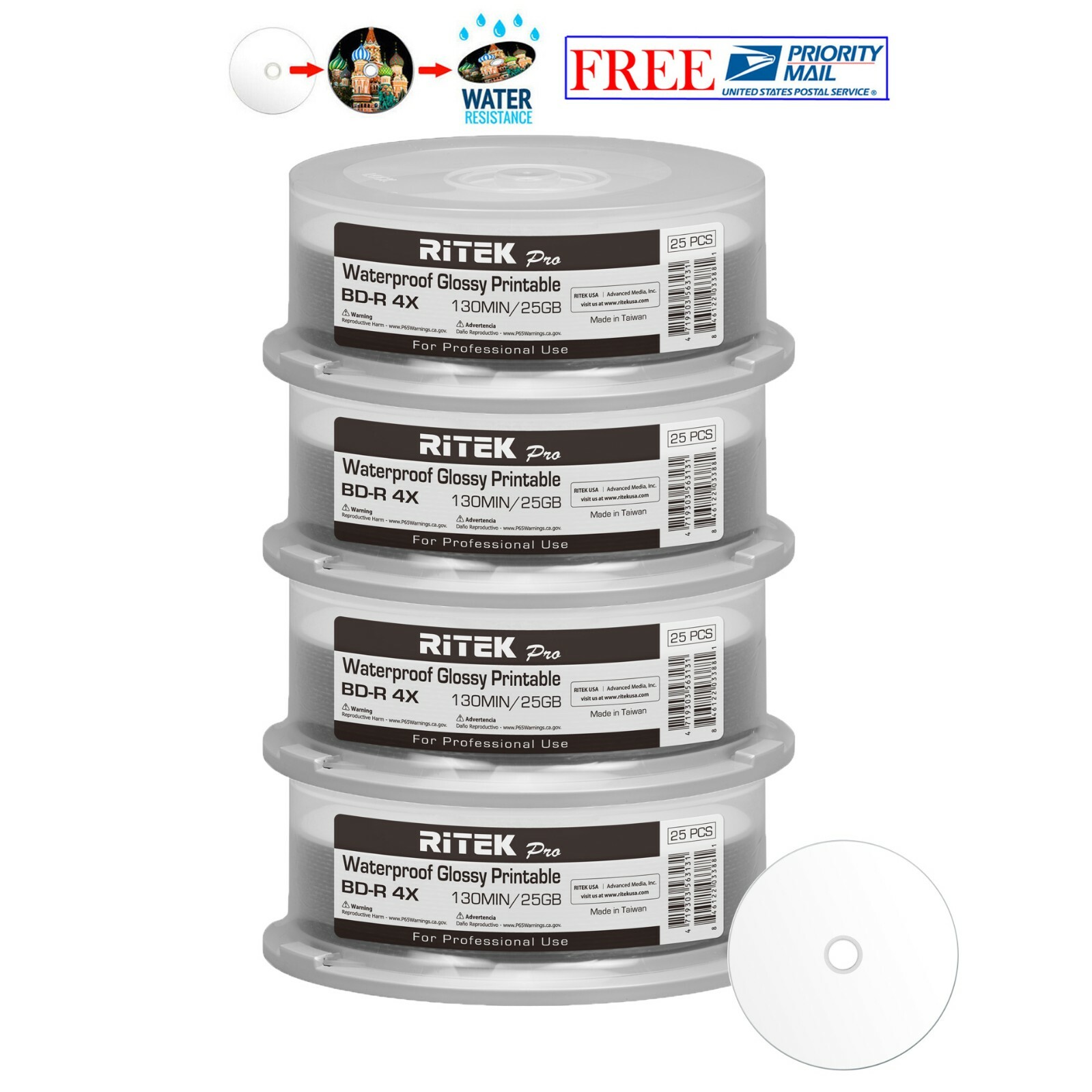 100 Ritek Pro BD-R 4X 25GB Water Resistant Glossy White Inkjet Printable Disc