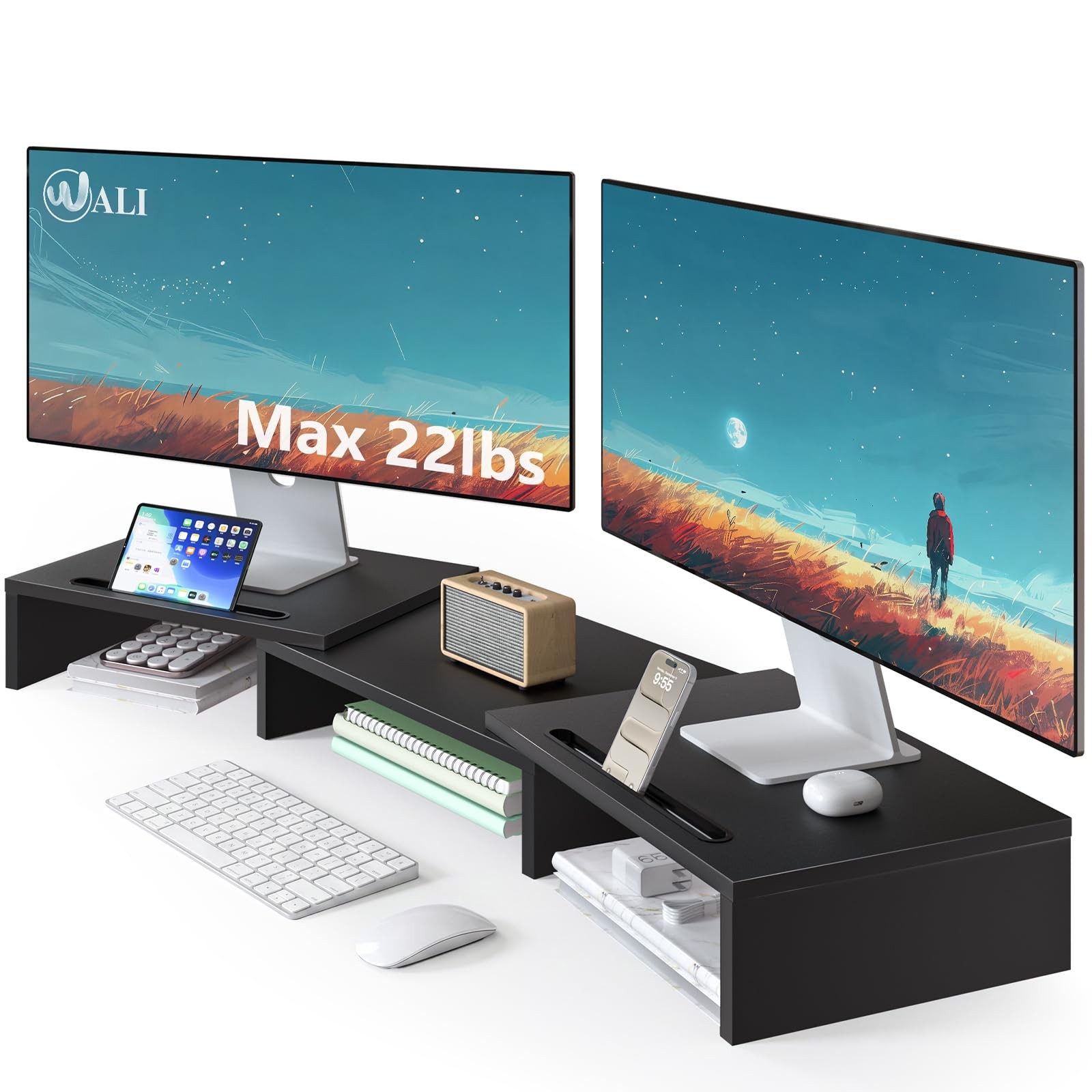 WALI Extra Long Wooden Dual Monitor Stand Riser with 2 Slots, up 31 in, Black