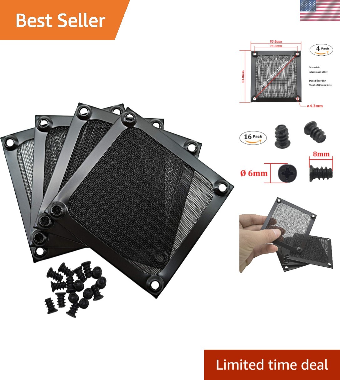 Elegant 80mm Black Computer Fan Filter - 4 Pack with Aluminum Mesh Design