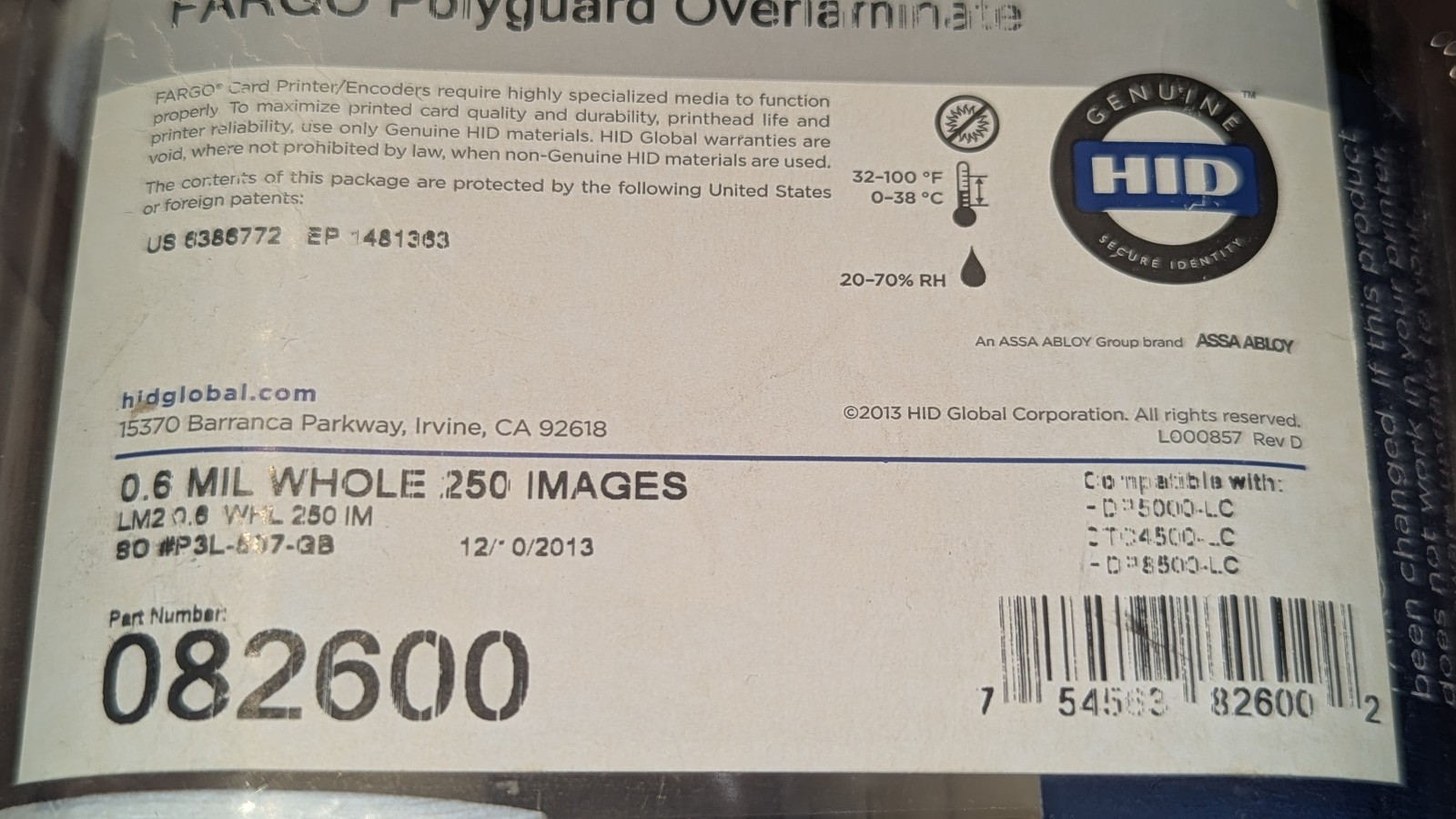 HID Fargo 082600 PolyGuard Overlaminate .6Mil Clear 250ct NOS GUARANTEED