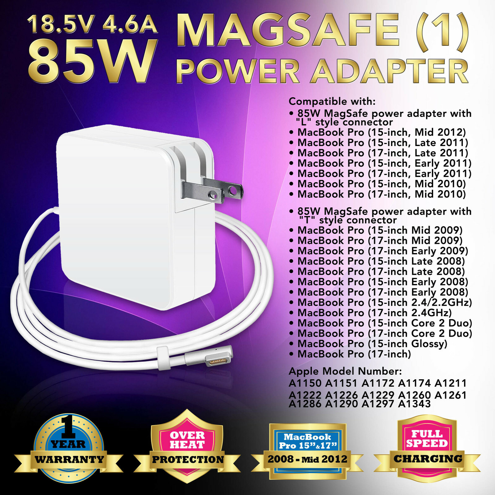 85W AC Adapter Charger Power for Apple MacBook Pro 15" 17" A1290 A1297 A1343