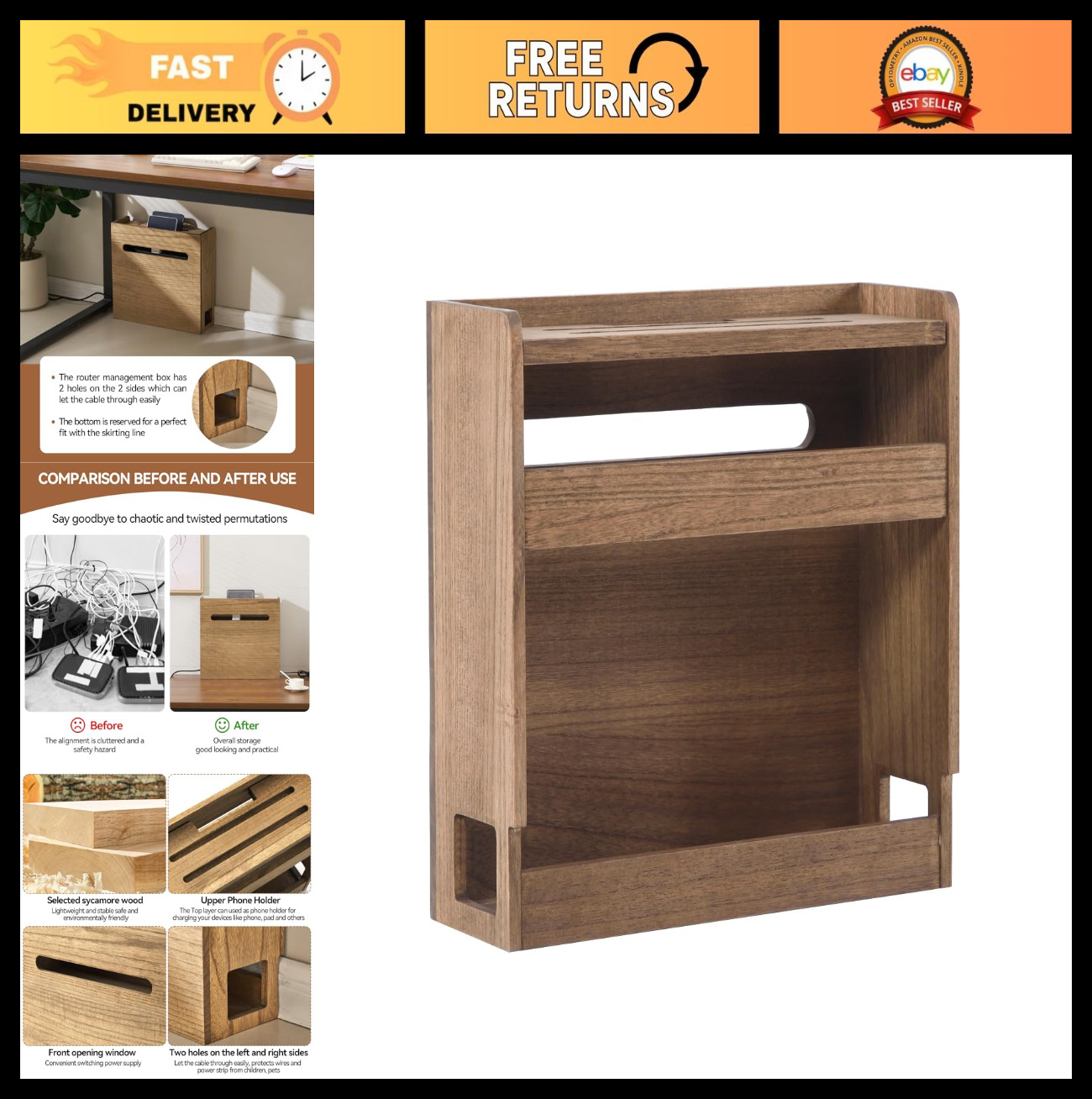 Wooden WiFi Router Storage Box - Cable Management Organizer Rack for Home/Office