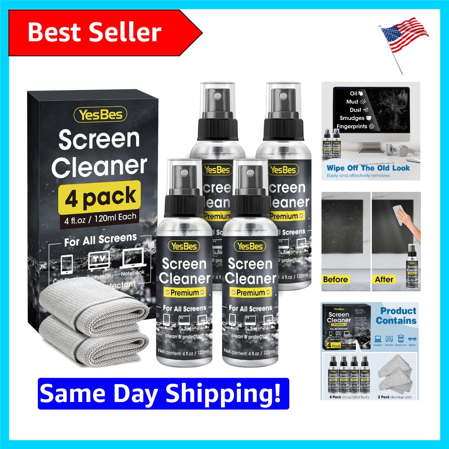 Eco-Friendly Screen Cleaner Kit: 4x4oz Spray Bottles & 2 Cloths for All Screens