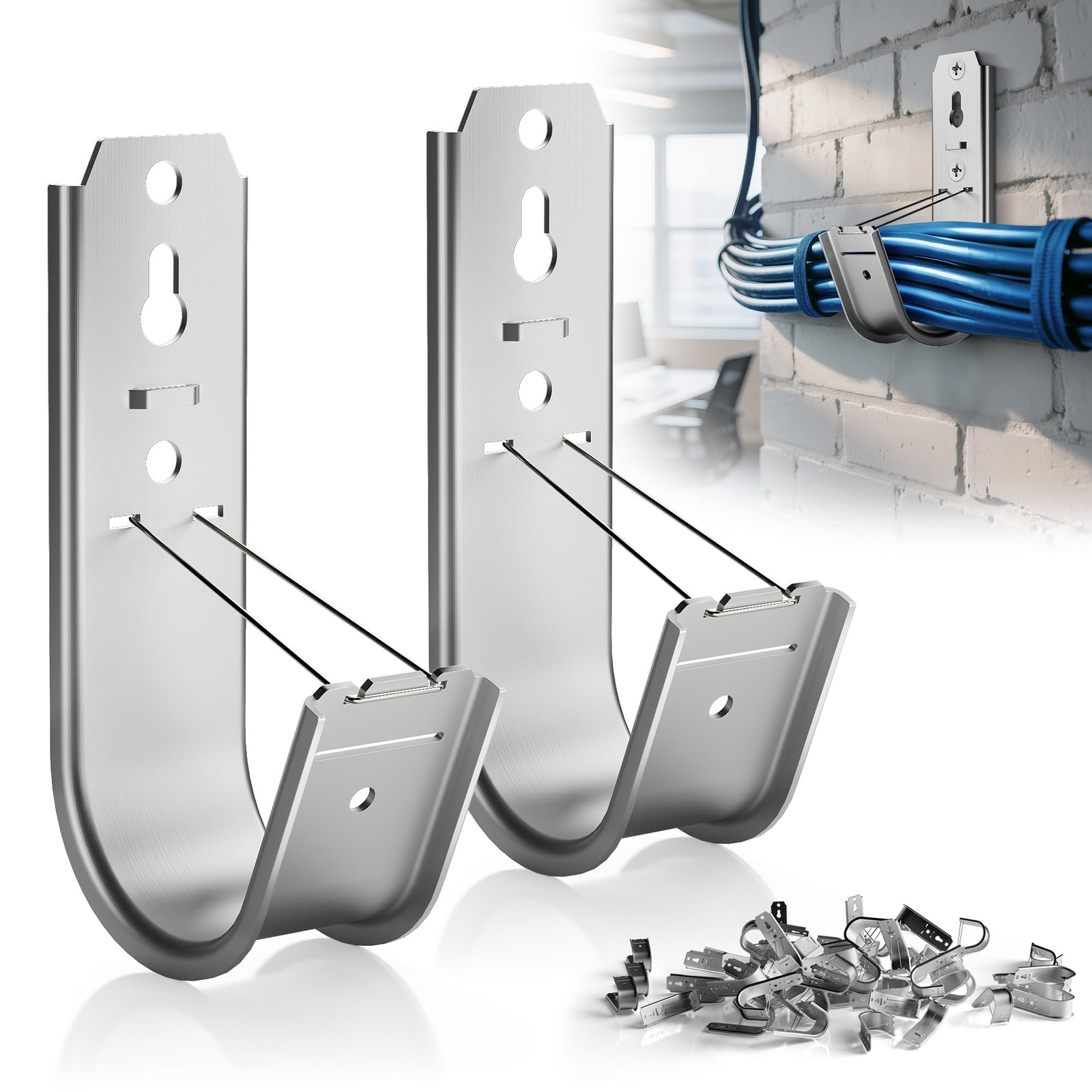 50 Pack 2 Inch J Hooks for Cable Management with Retainer Clips