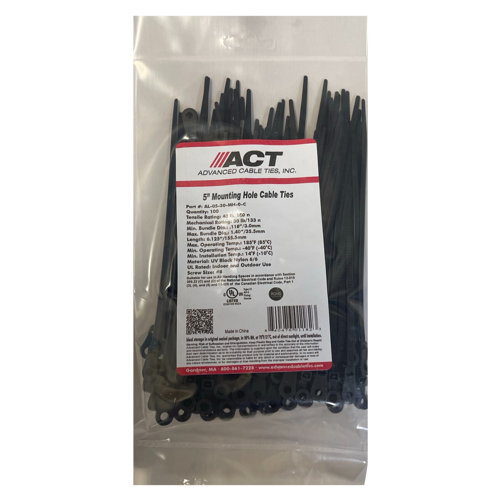(100) Black Mounting Head Hole 5" Inch Nylon Cable Wire Wrap Zip Ties - 40 LBS