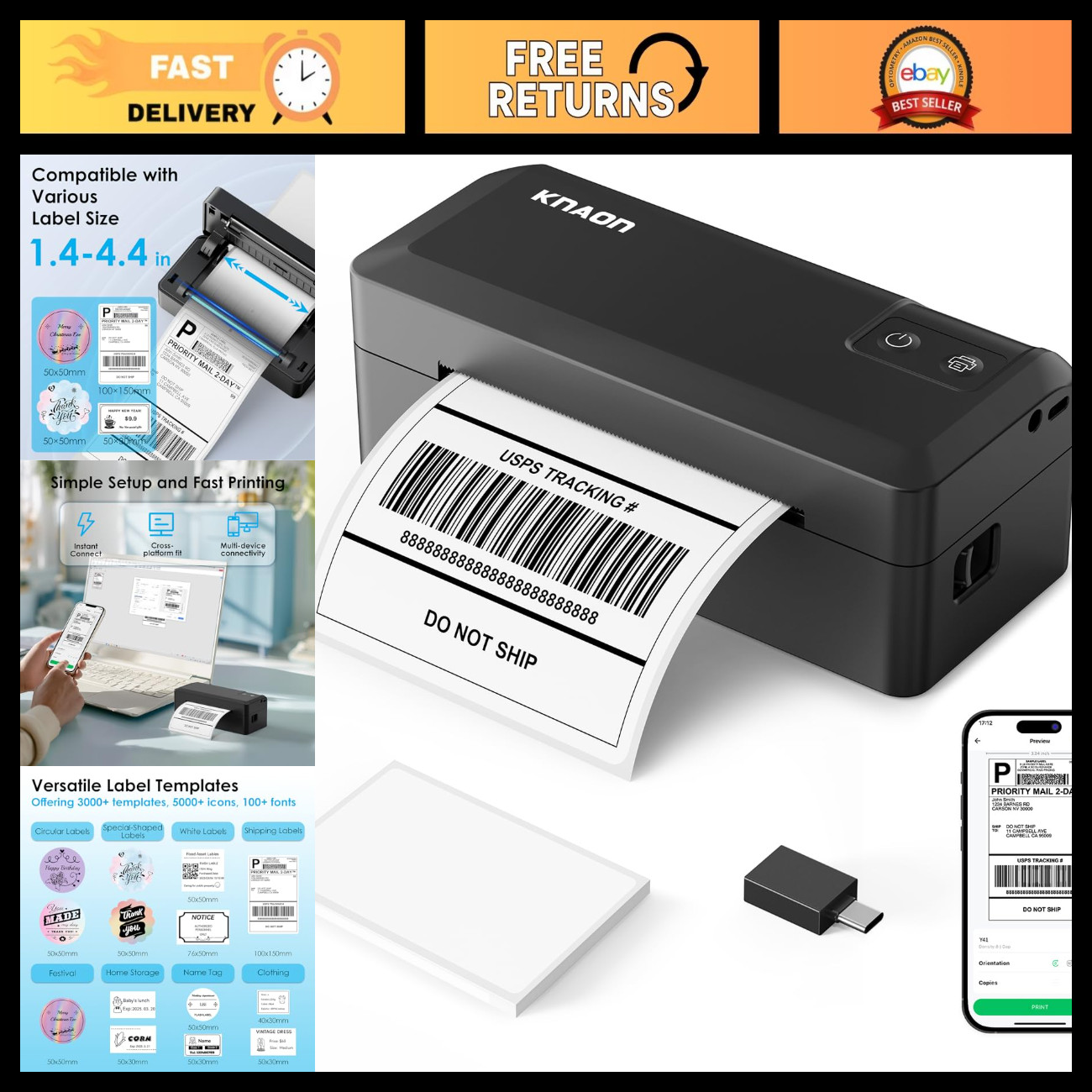 Portable 4x6 Thermal Shipping Label Printer - Compact, Fast, Easy Setup