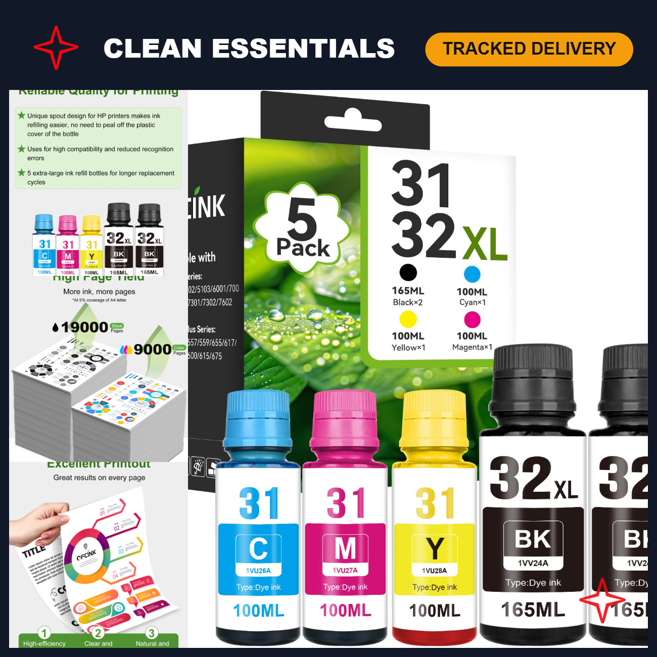 31 Ink 32XL Black Ink Bottle Set Compatible for HP Printers - High Yield, Qualit