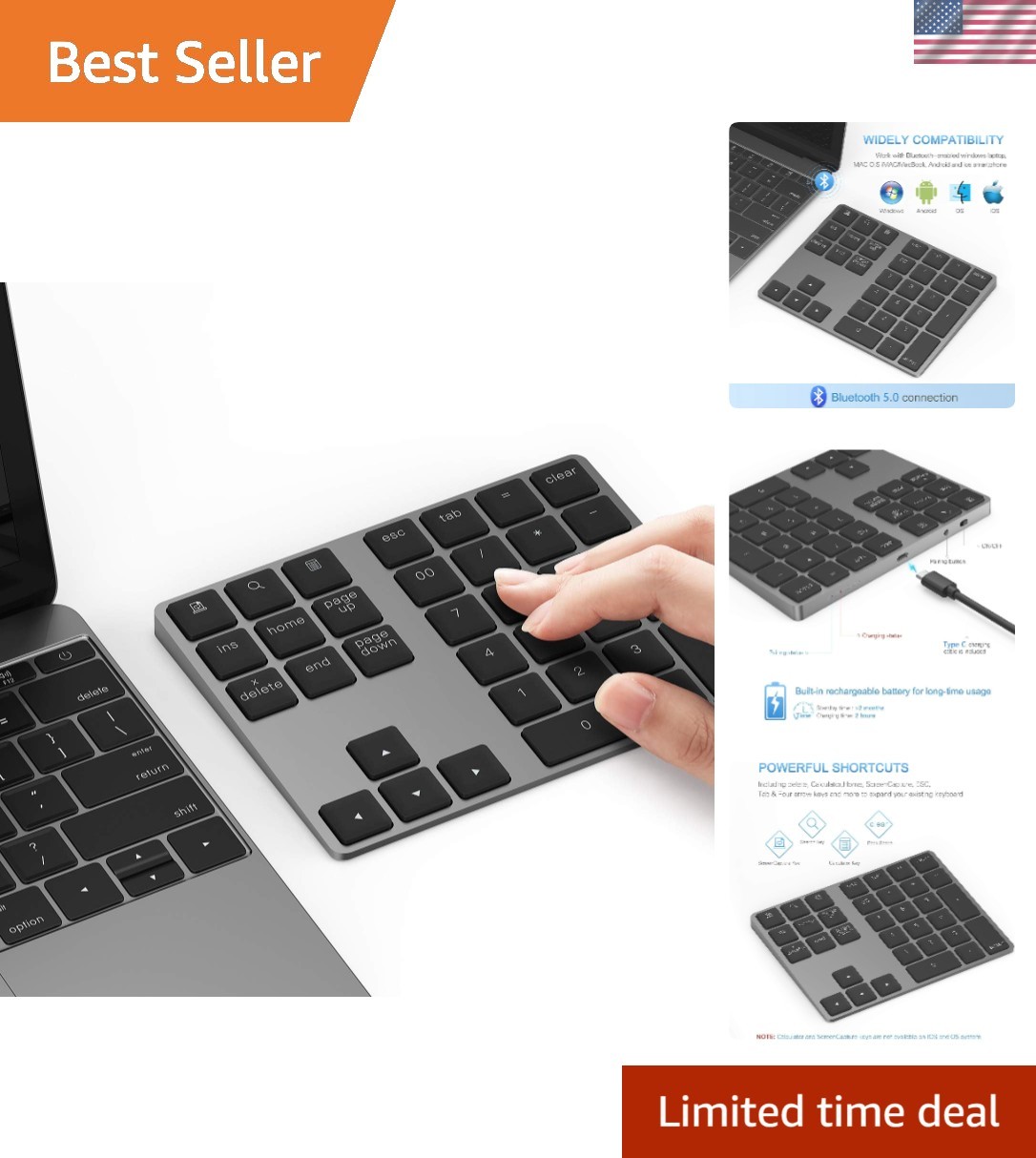 Luxury Slim Bluetooth Numeric Keypad – 34 Keys, Rechargeable Aluminum Design