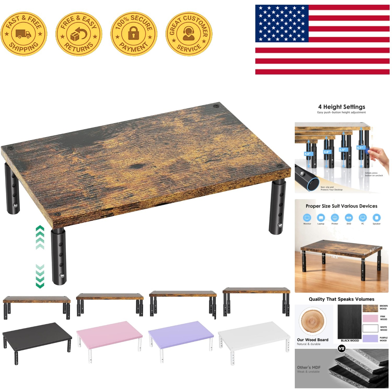 Ergonomic Height Adjustable Monitor Riser - Perfect Workspace Organizer in Wood