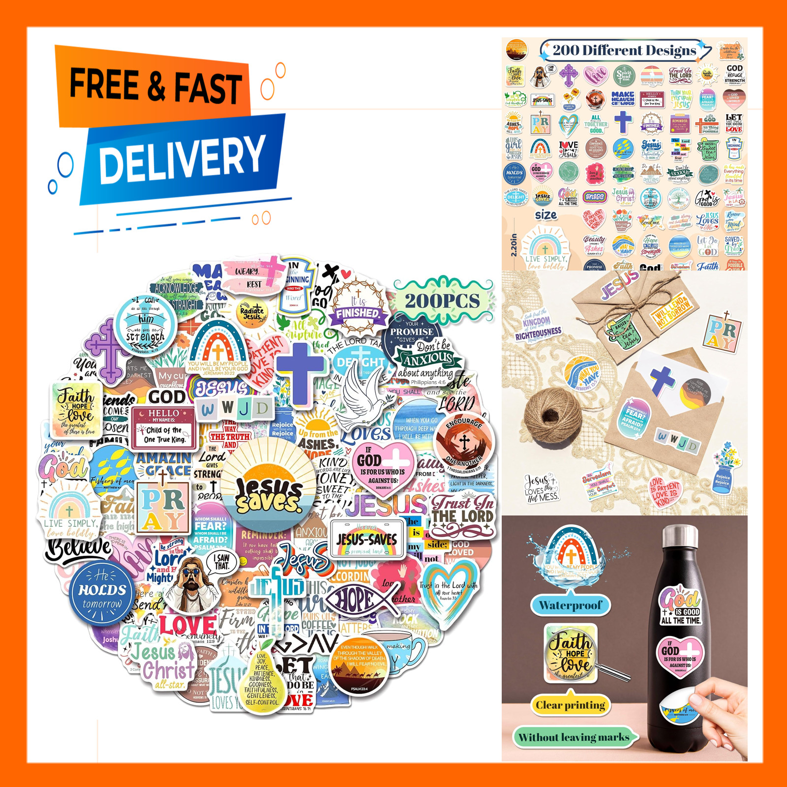 Christian Stickers Set 200 Waterproof Vinyl Religious Faith Bible Study