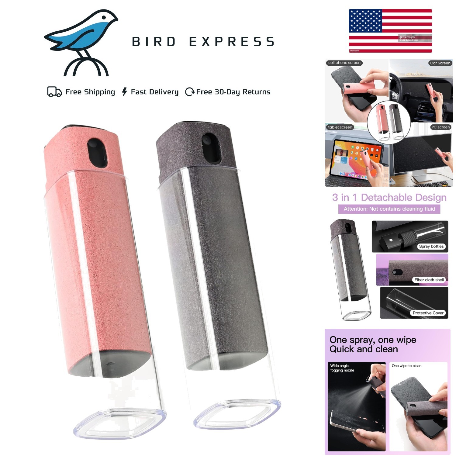 Touchscreen Screen Cleaner Kit 2 Pcs Microfiber Cloth Spray for Phones Tablets