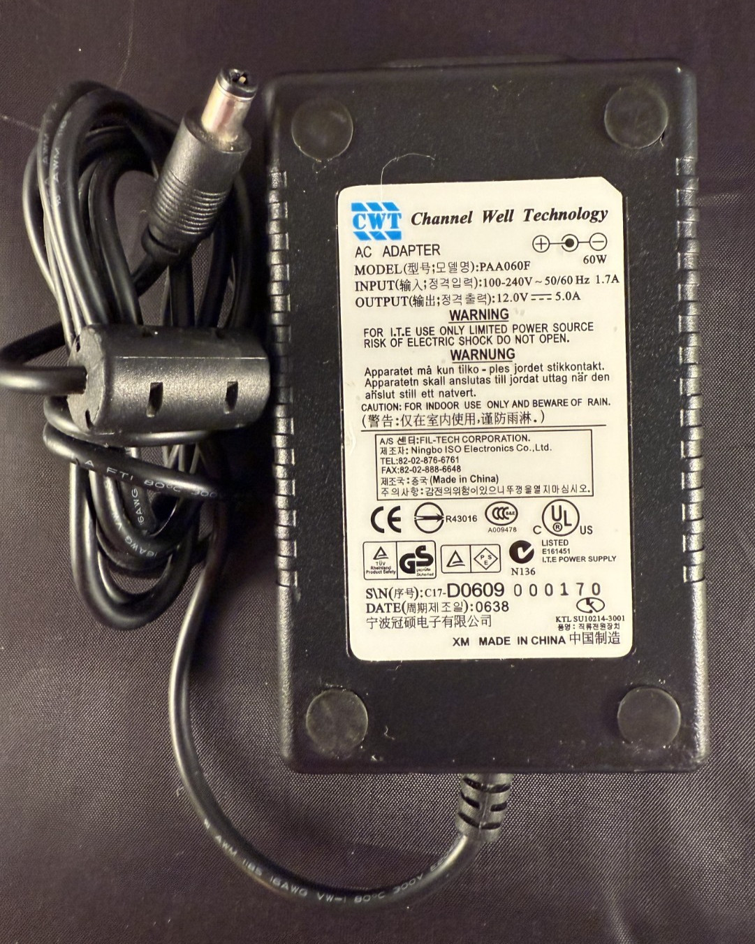 CWT PAA060F  Channel Well Technology Genuine AC Power Adapter 12V 5A 60W Charger