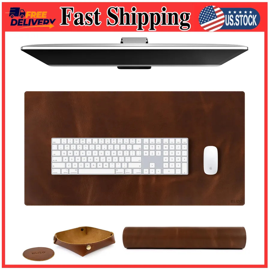 Elizo Real Leather Desk Mat Set 32x16 Large Desk Blotter Protector Antique