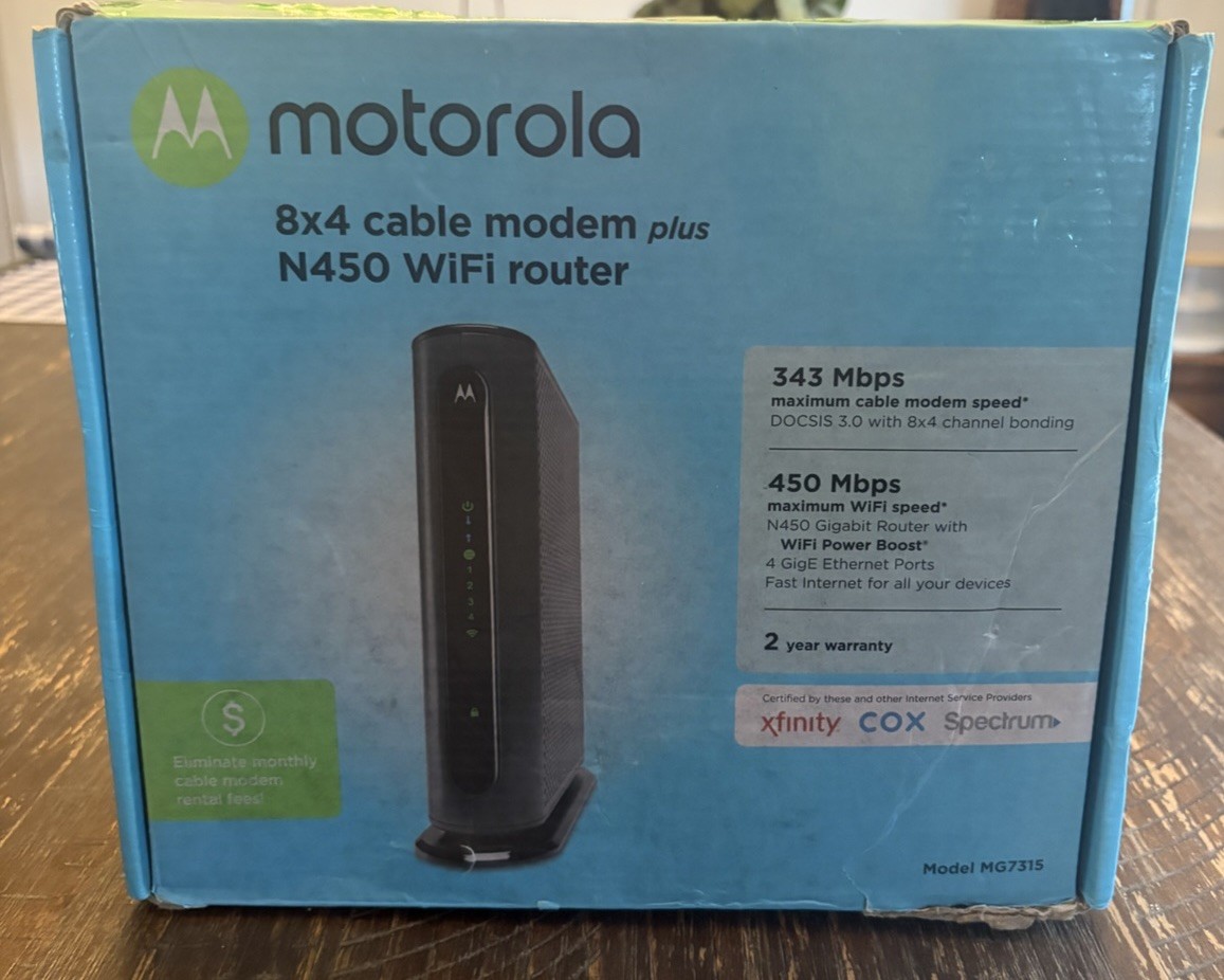 Motorola MG7315 Cable Modem Plus N450 WiFi Router 8x4 343 Mbps New Open Box