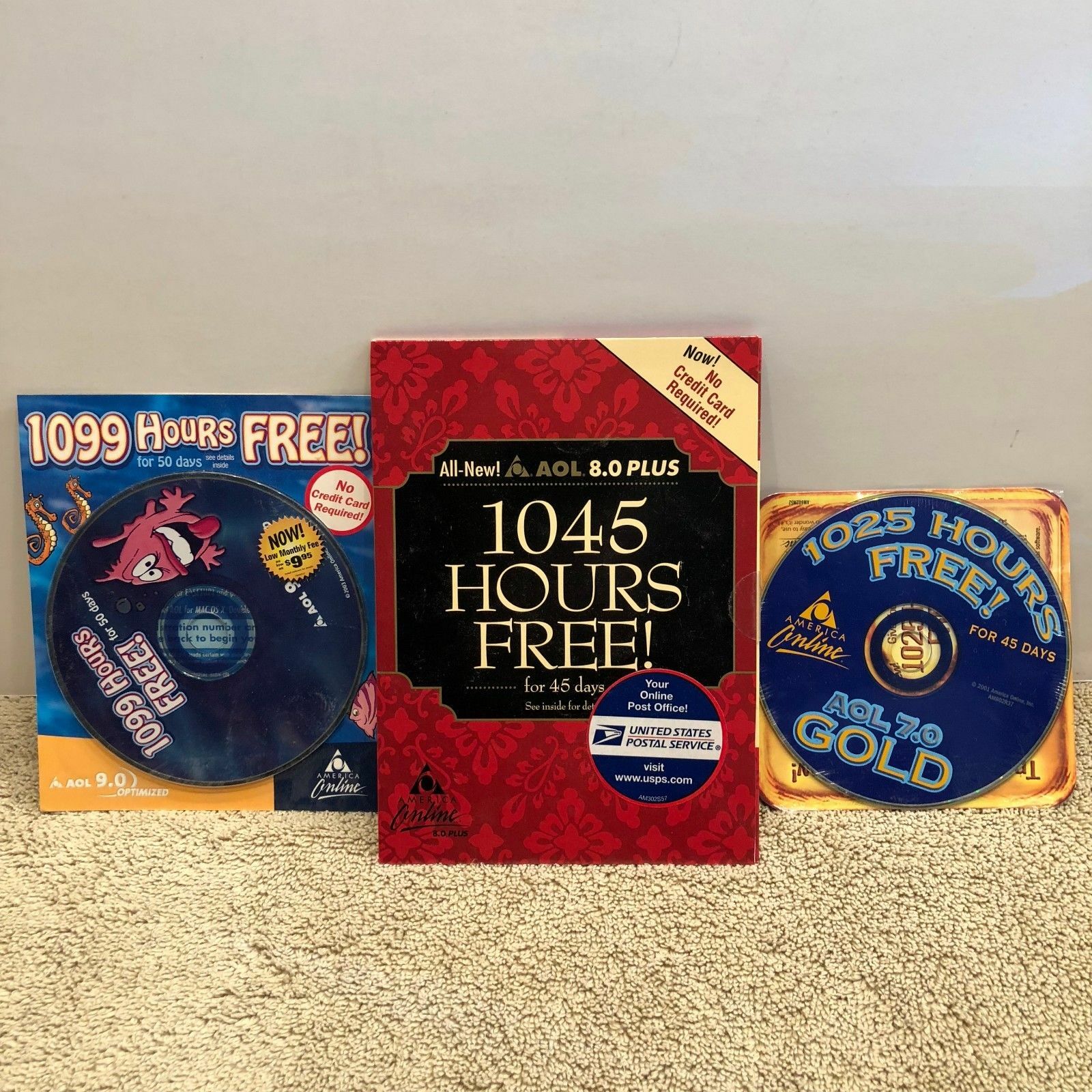 3 VINTAGE Software CD's  AOL 7 Gold, AOL 8.0 Plus  and AOL 9.0 optimized