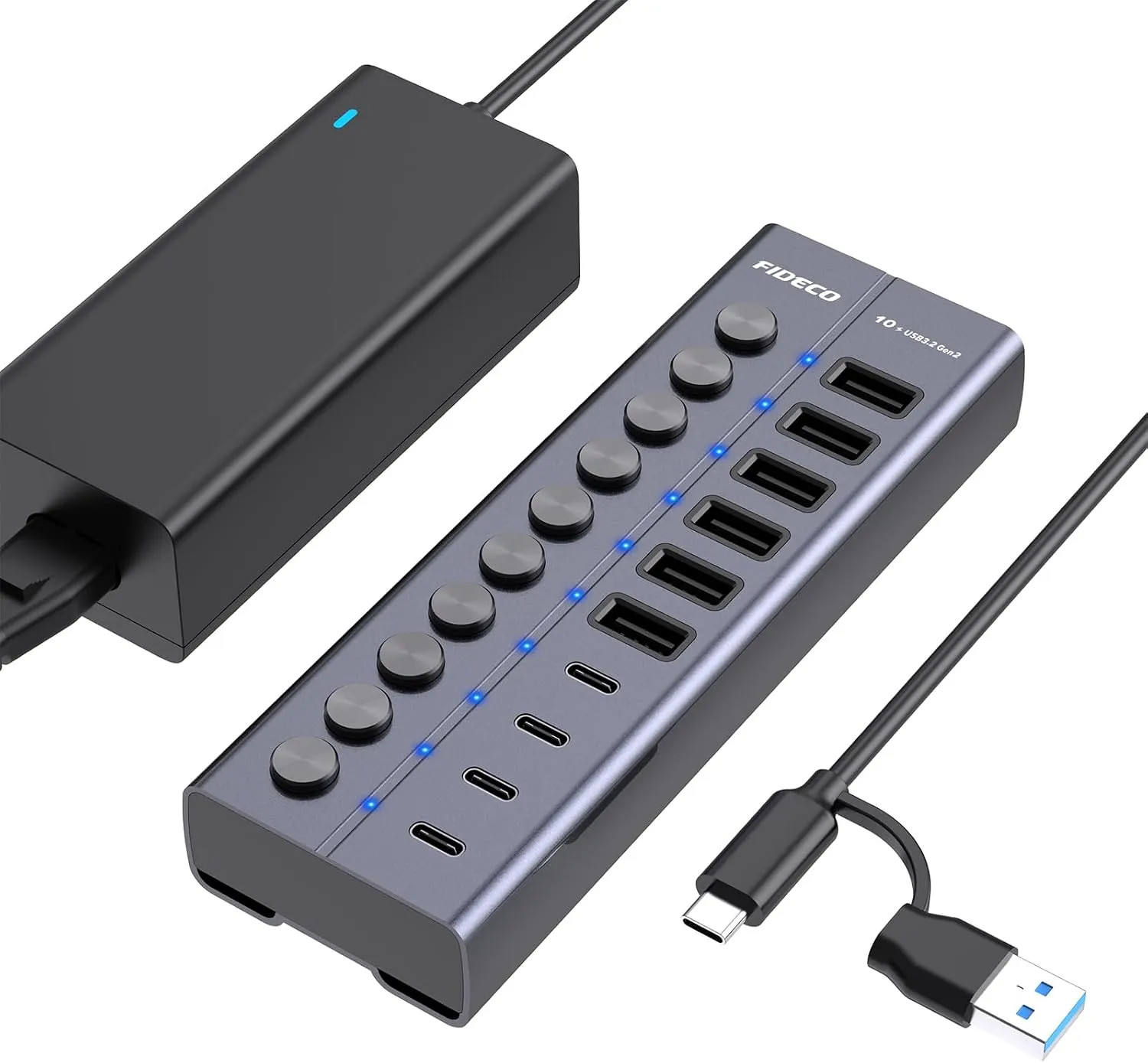 10 Port USB Hub 60W Powered 10Gbps USB 3.2 Gen 2 Splitter Aluminum Multiport...