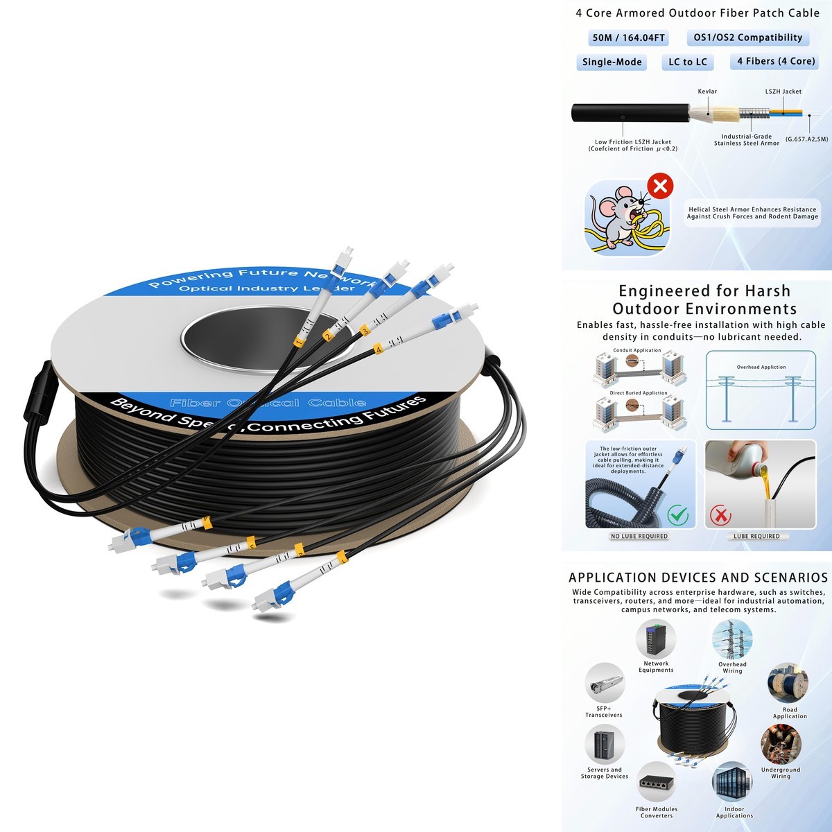 ERSTICKT OS1-50 50M/165FT LC-LC 4 Core OS2 9/125μm TPU Direct Burial Cable