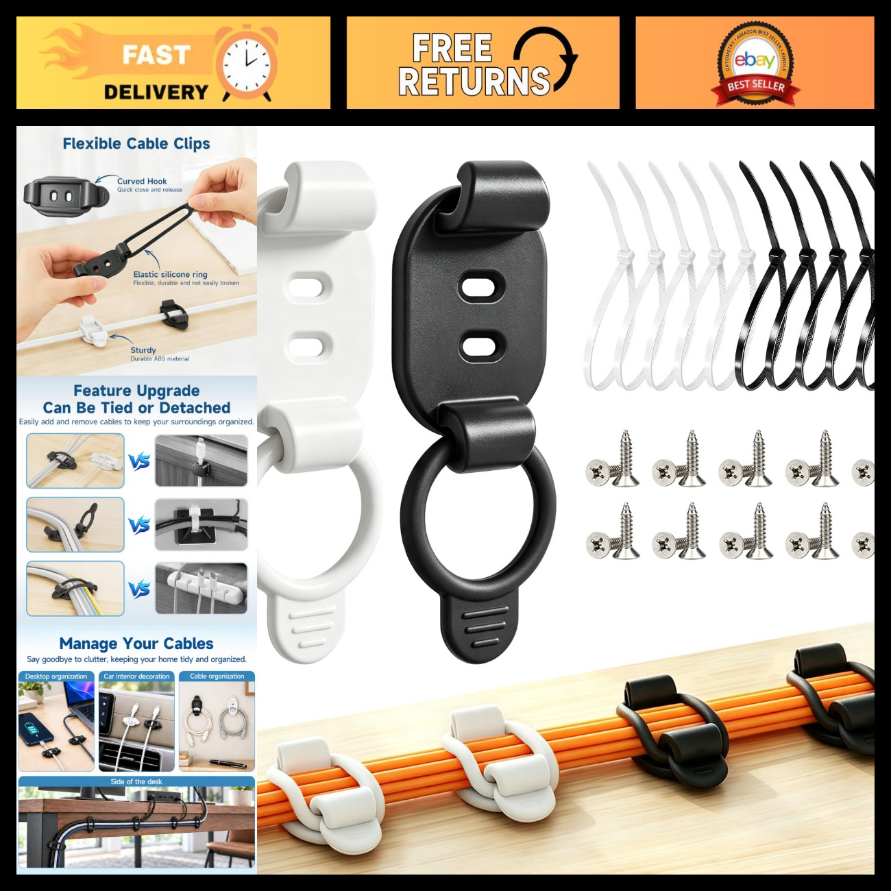 20 Adjustable Cable Management Clips, Self-Adhesive Cord Organizers, Reusable Ho