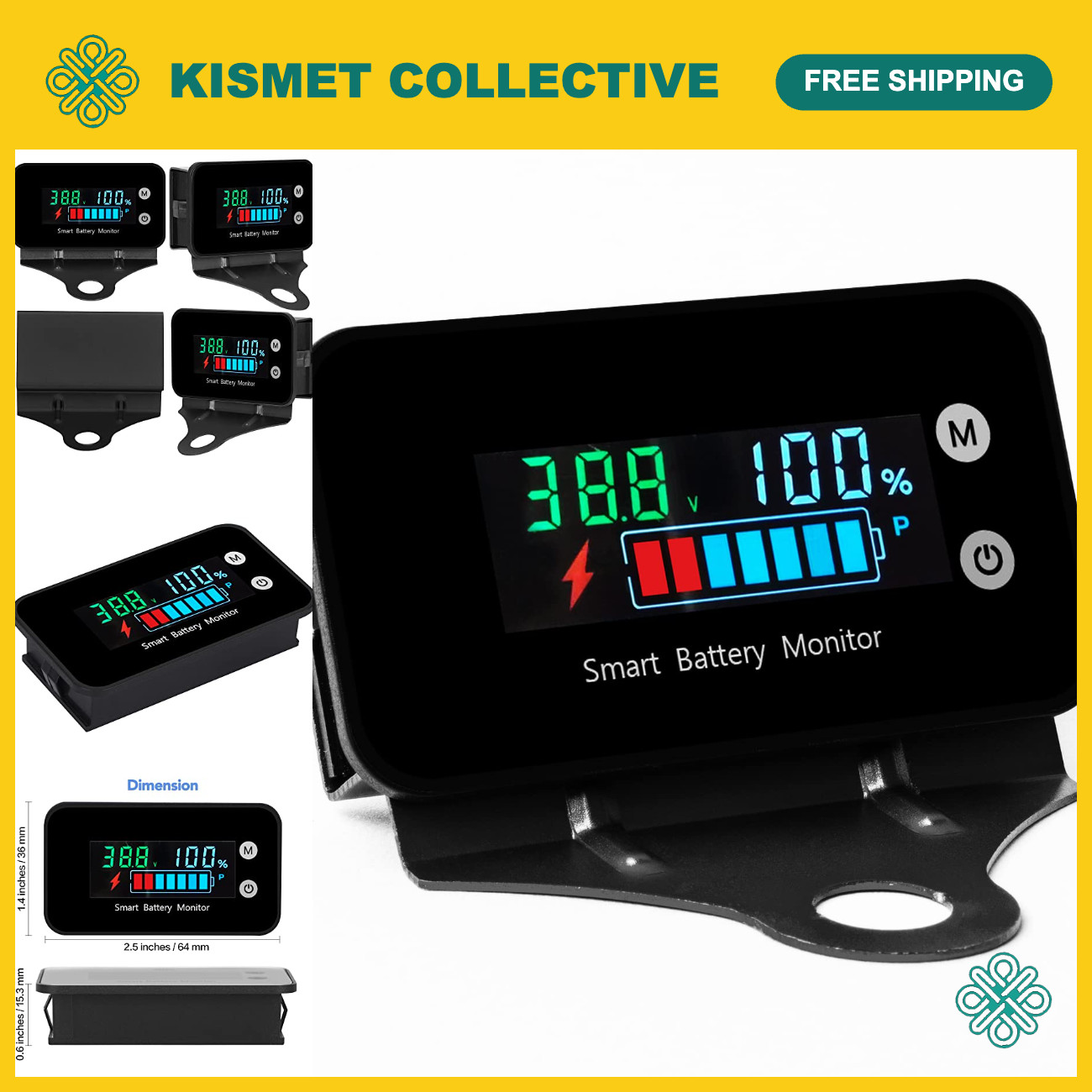 Waterproof Battery Monitor 7-100V with Bracket, Temperature & Buzzer Alarm