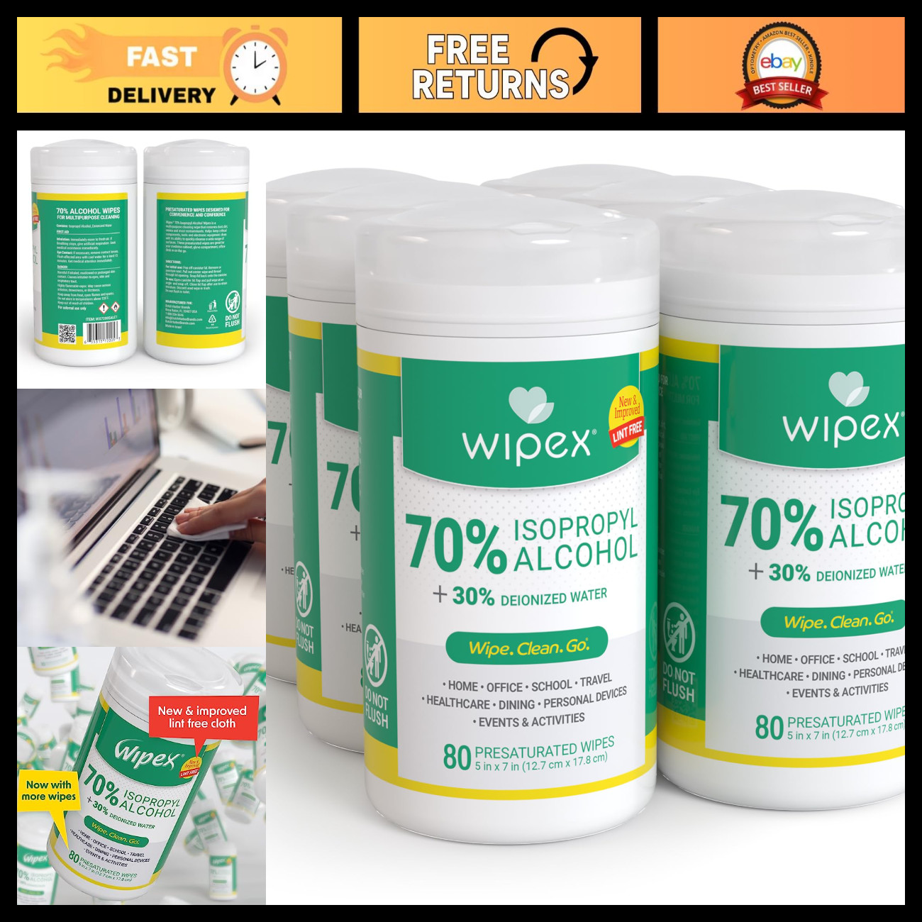 70% Isopropyl Alcohol Tech Wipes - Lint-Free Electronics Cleaning - 80 Count Pac