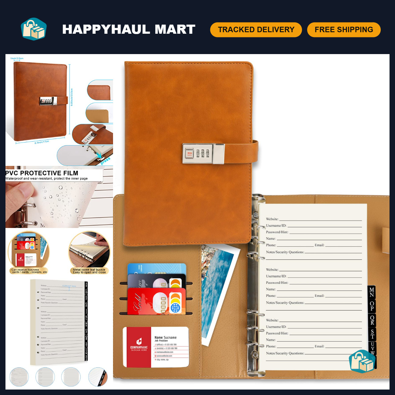 Password Book with Lock & Alphabetical Tabs, 302 Pages, Refillable Logbook, A5