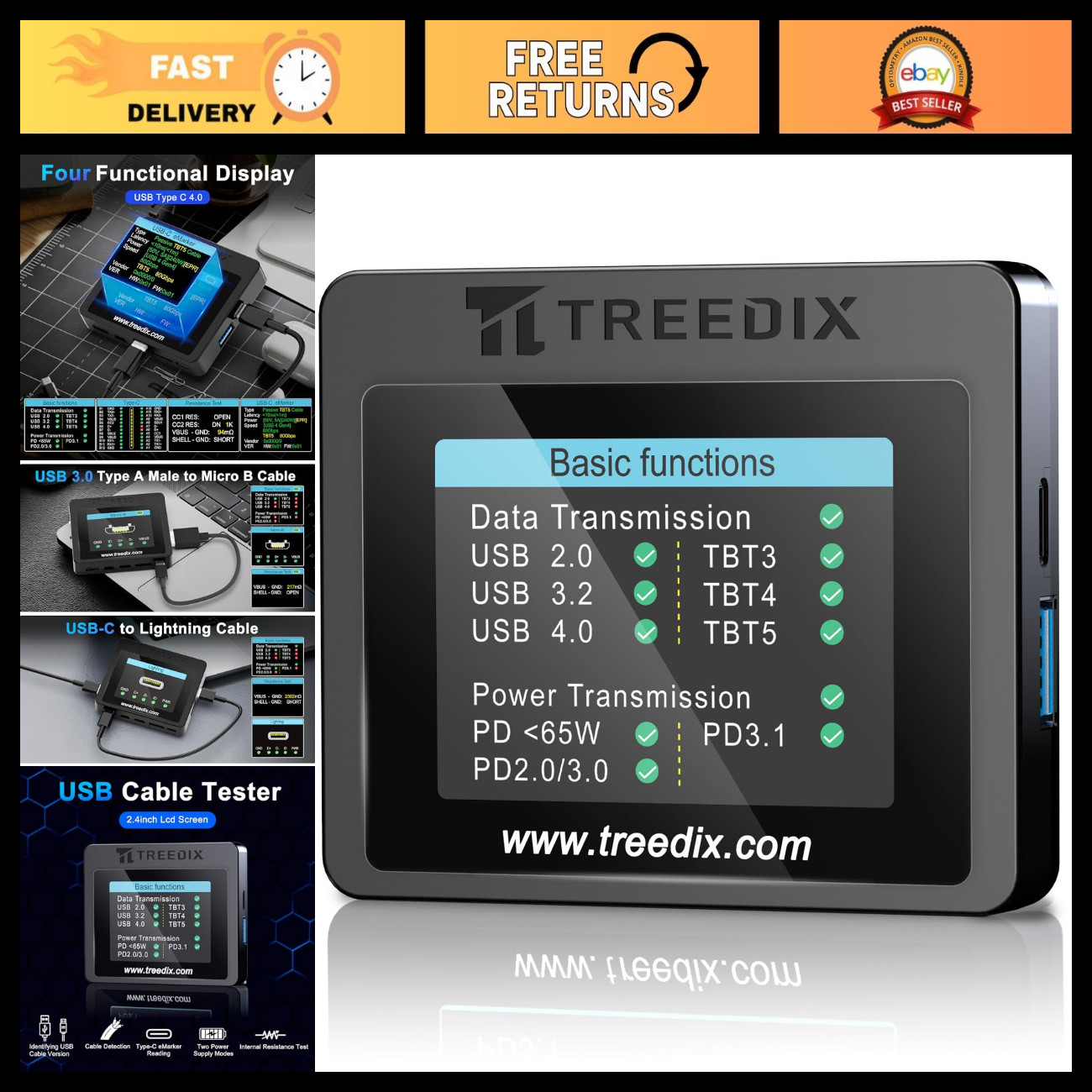 USB Cable Tester 2.4" Screen for eMarker PD3.0/3.1 - Fast Charging & Data Check