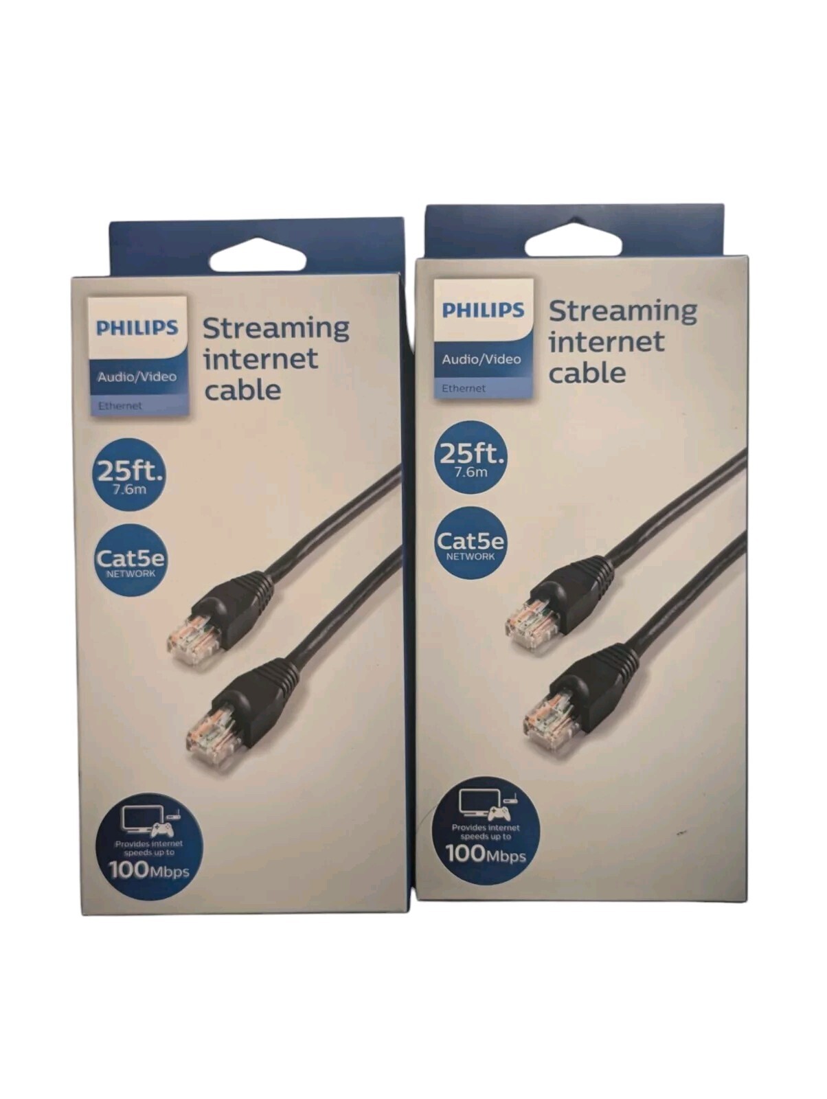 2x Philips 25ft Streaming Internet Cat5e Cable Audio/Video Ethernet Up To 100mbp