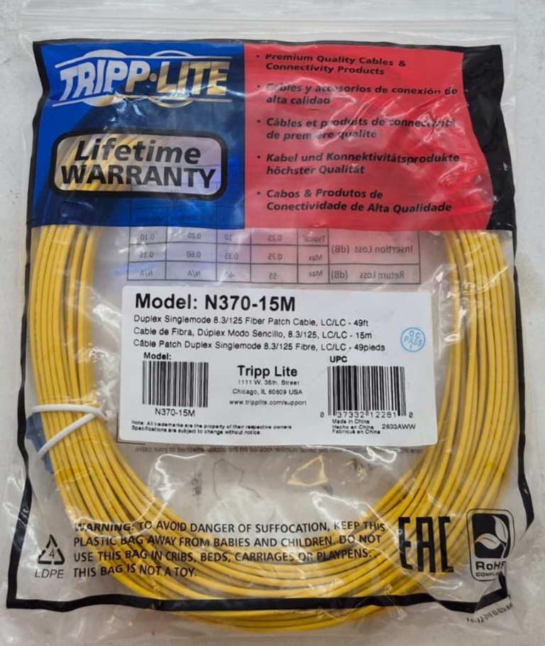 Tripp Lite Fiber Optic Network Cable 49 Ft Patch Cable LC/LC Duplex Singlemode