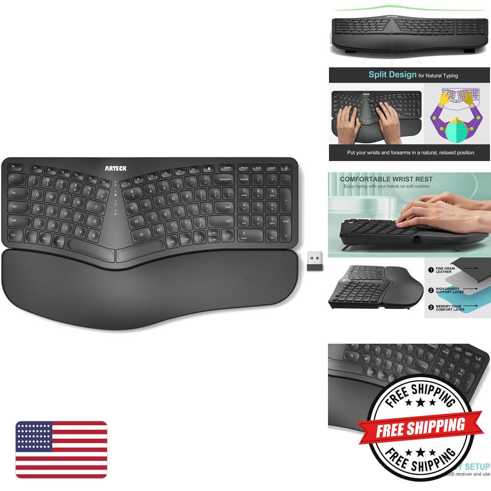 Arteck Split Ergonomic Keyboard Natural Wireless with Palm Rest Rechargeable