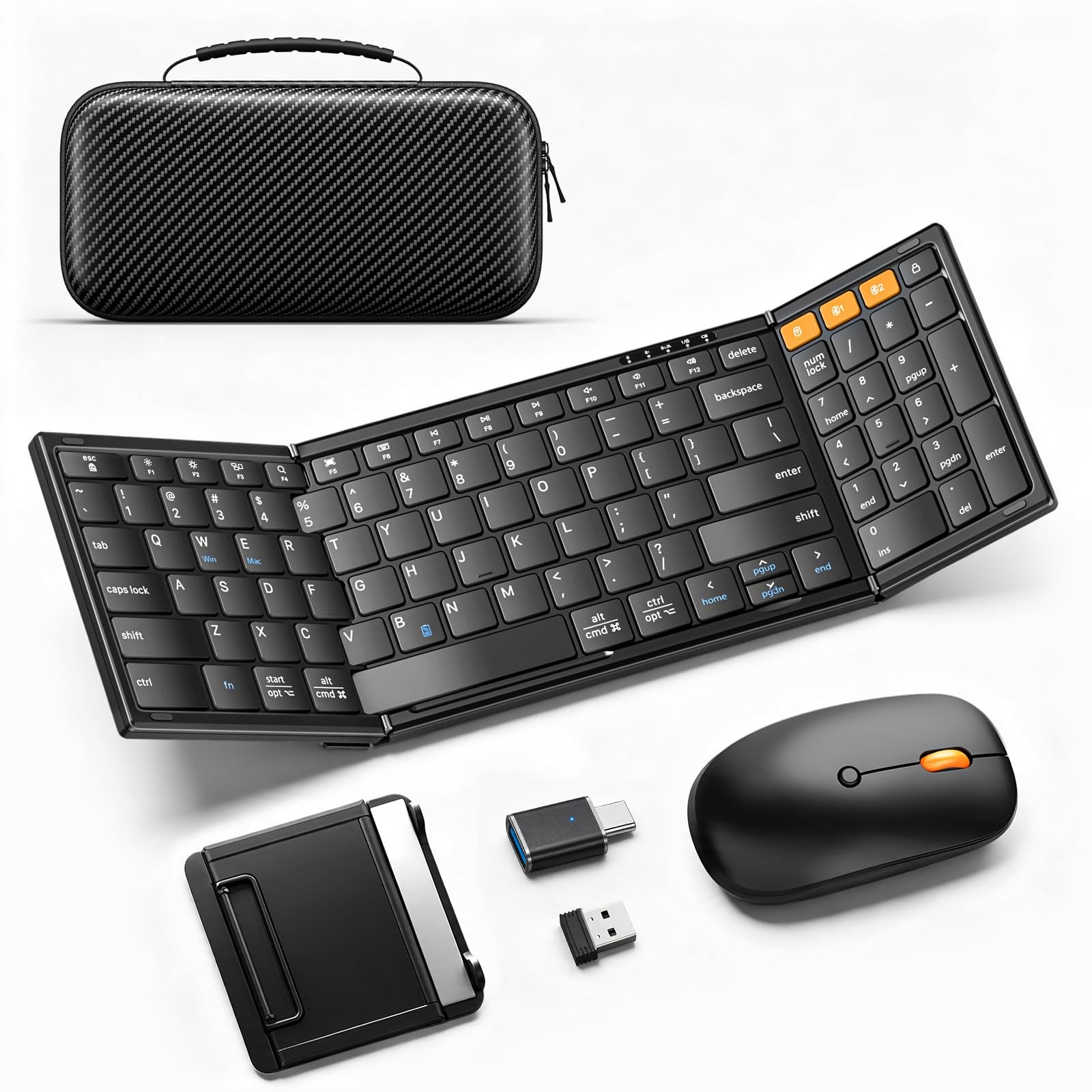 Foldable Keyboard and Mouse with Storage Bag, 2.4G+BT5.0 13.4 × 4.5 in, Black
