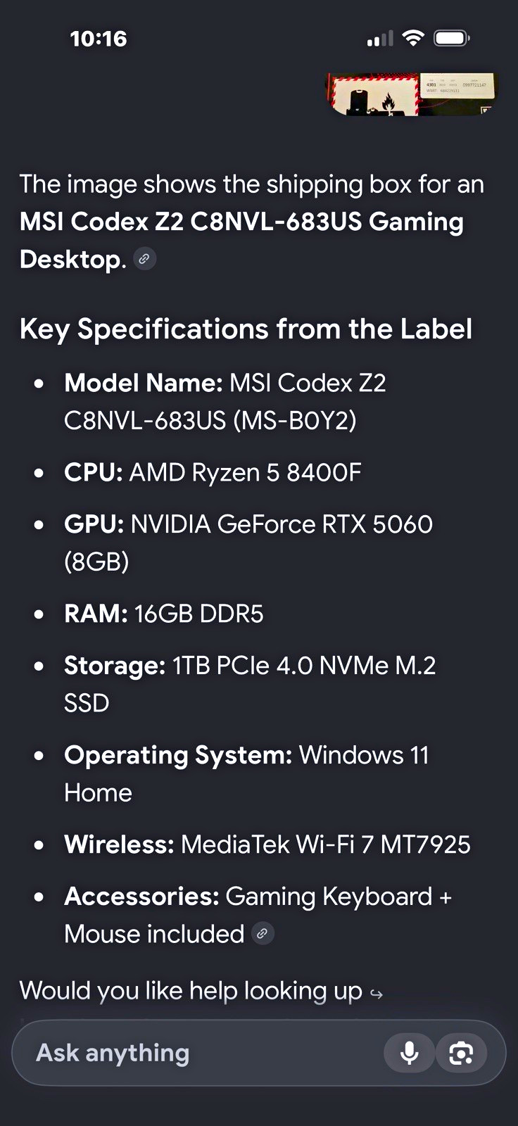 MSI Codex Z2 C8NVL-683US Gaming Desktop Ryzen 5 8400F RTX 5060 16GB 1TB