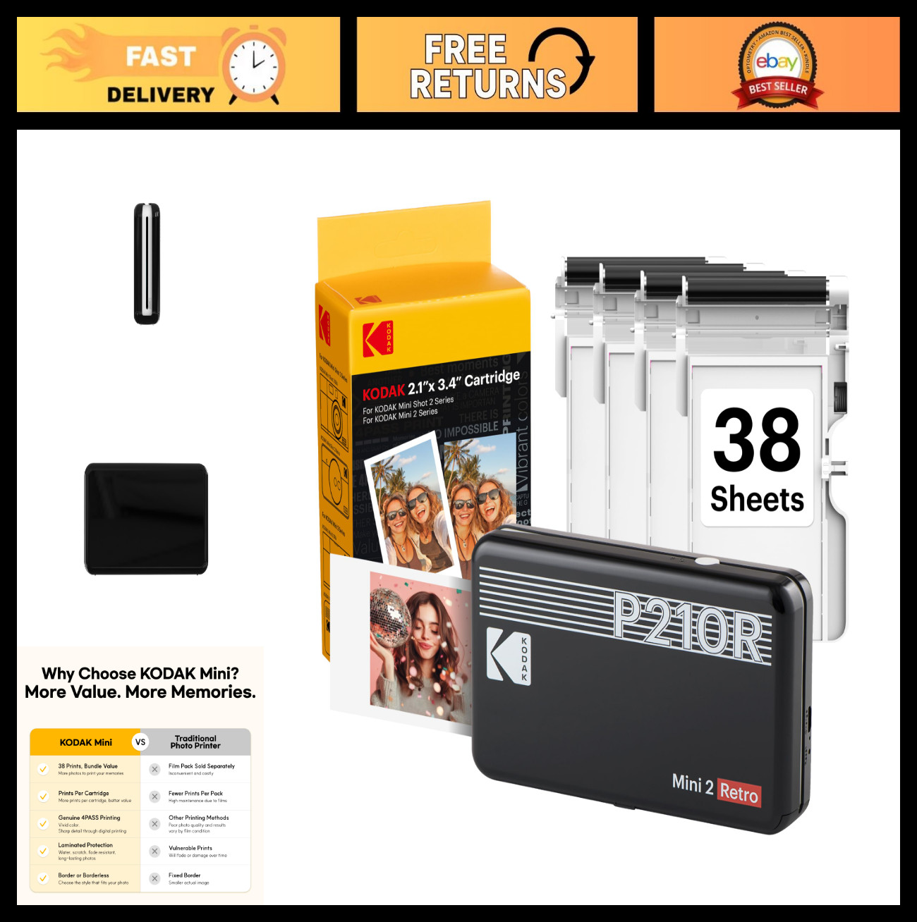 Portable 2x3 Photo Printer, 4PASS Technology, 38 Sheets, Compact & Retro Design