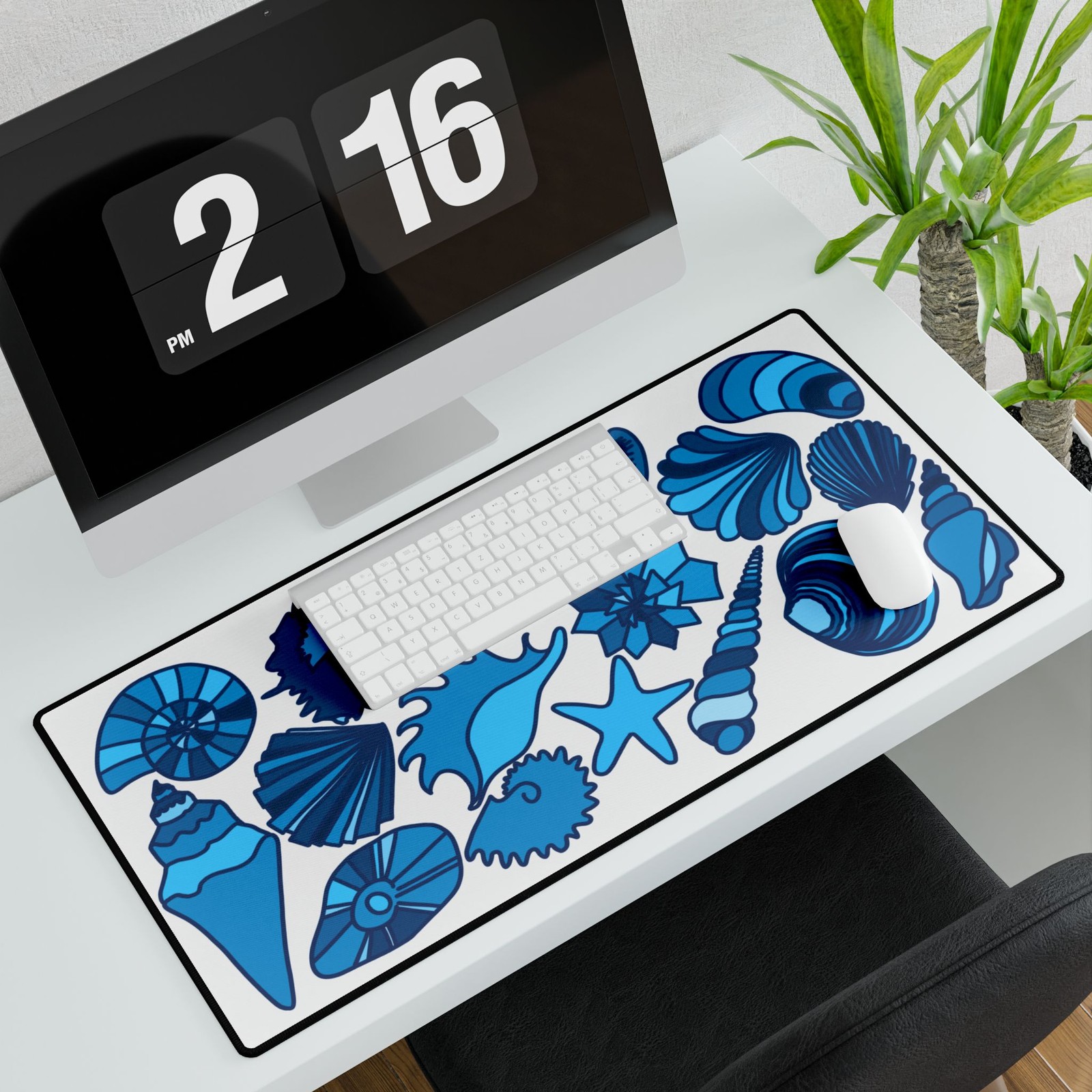 Blue Seashell Pattern Desk Mat | Coastal Ocean Shell Mousepad