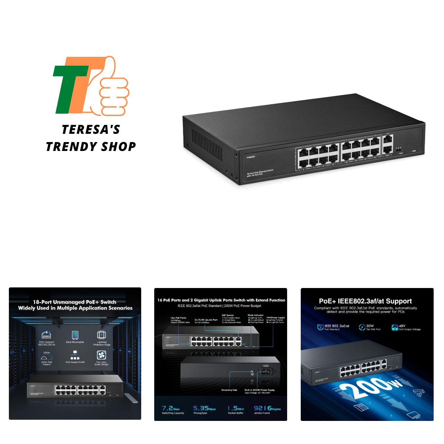 16 Port PoE Switch with 2 Gigabit Uplink, 10/100Mbps PoE+ Ports, 100/1000Mbps...