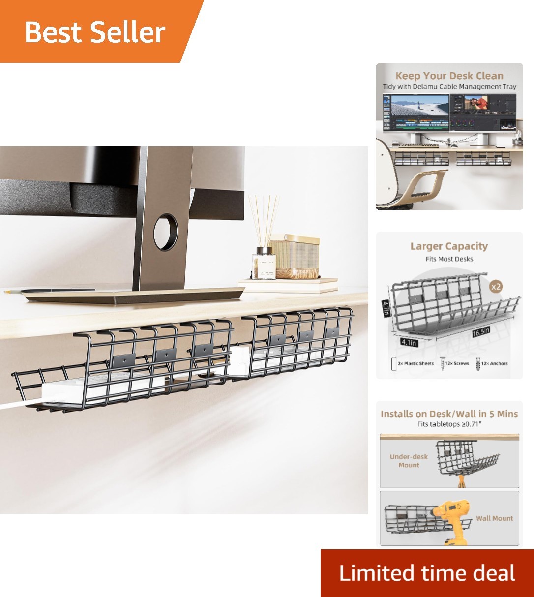 2 Pack Large Metal Under Desk Cable Management Tray - Easy Install & Durable