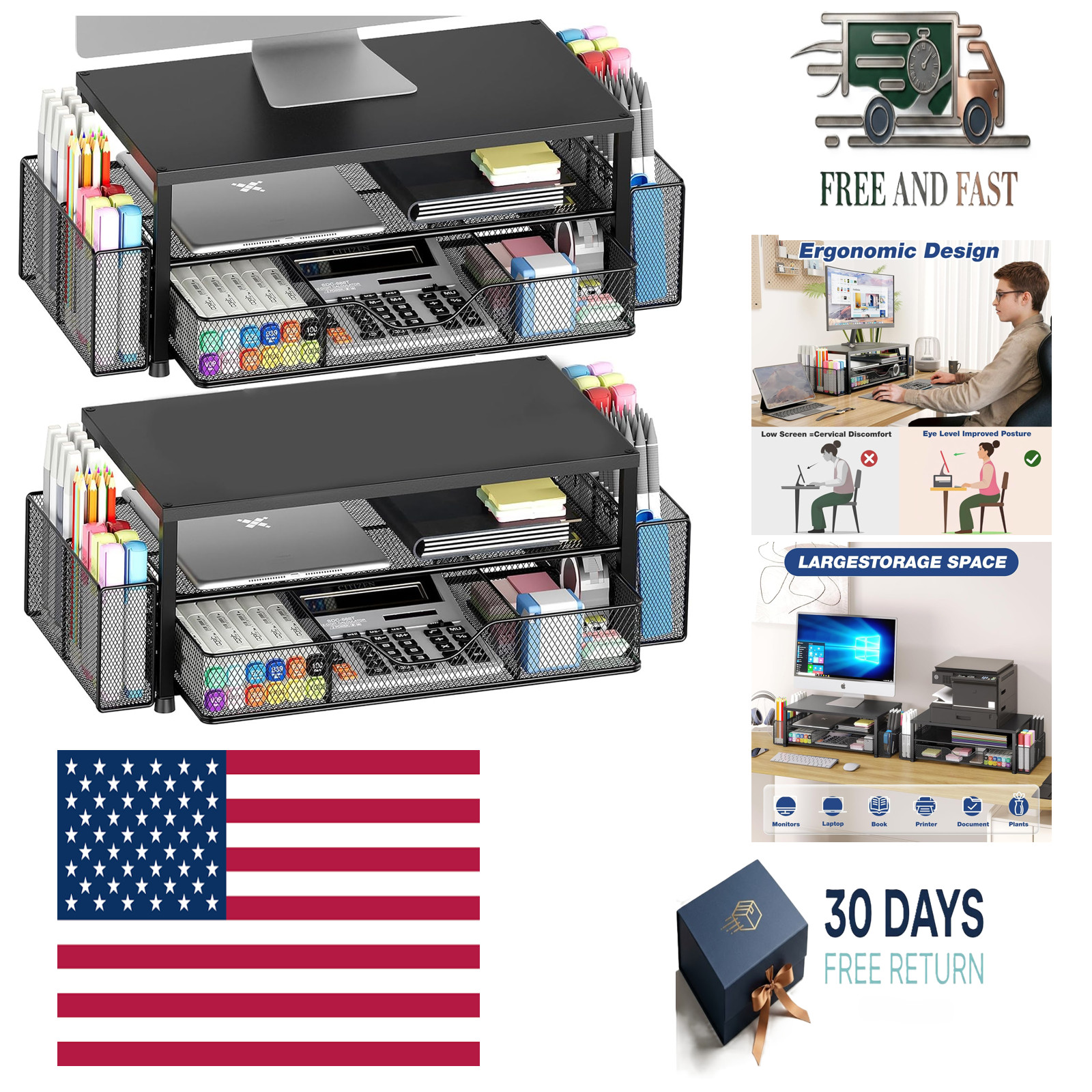 Desk Organizer and Accessories, 2-Tier Computer Monitor Stand Riser with Drawer