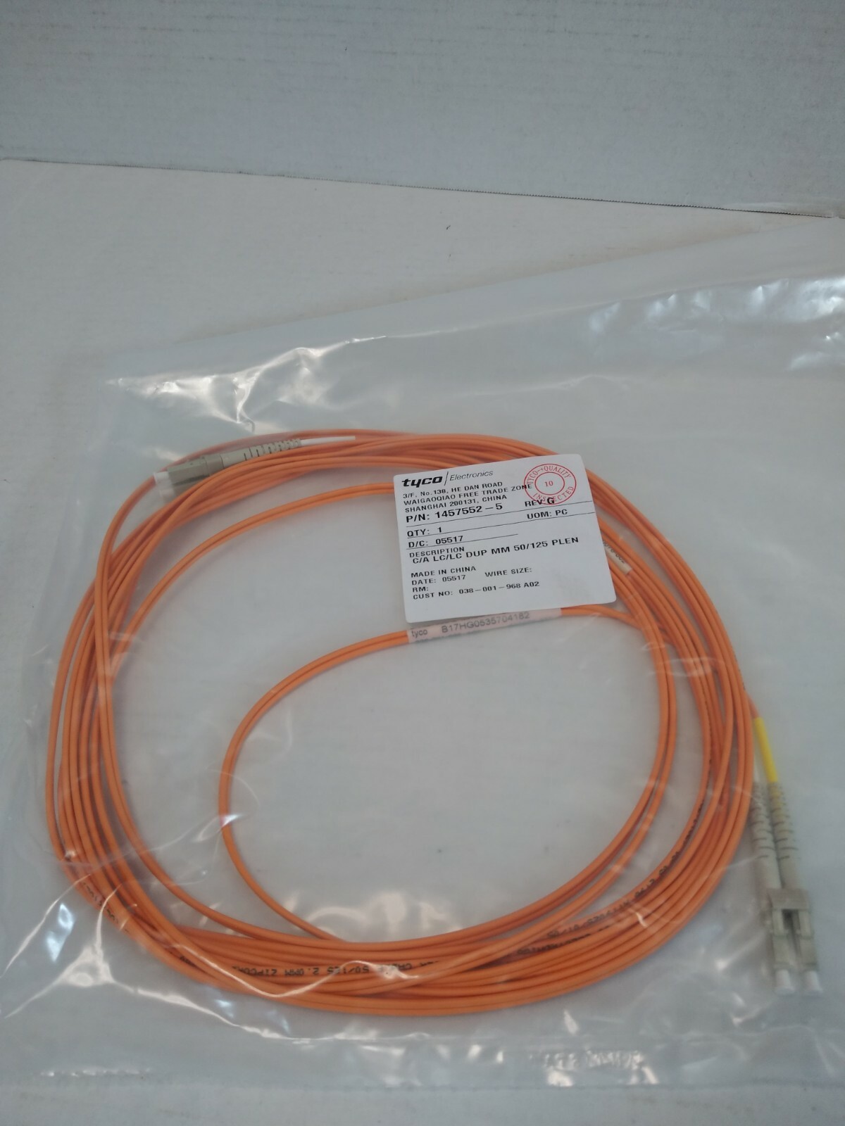 Tyco LC-LC Duplex Multimode Fiber Patch Cable 50/125 Plenum OFNP 1457552-5