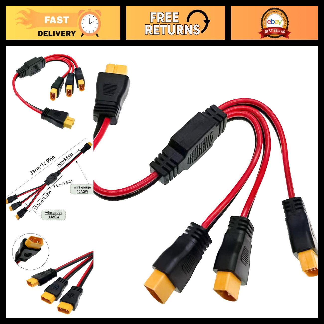 12AWG XT60 Y Splitter Cable 1 Female to 3 Male Parallel Connector Adapter for So