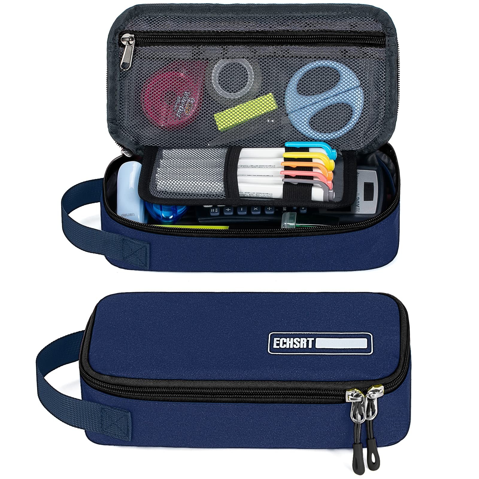 Pencil Case Large Capacity Portable Stationery Organizer Handle Blue ECHSRT