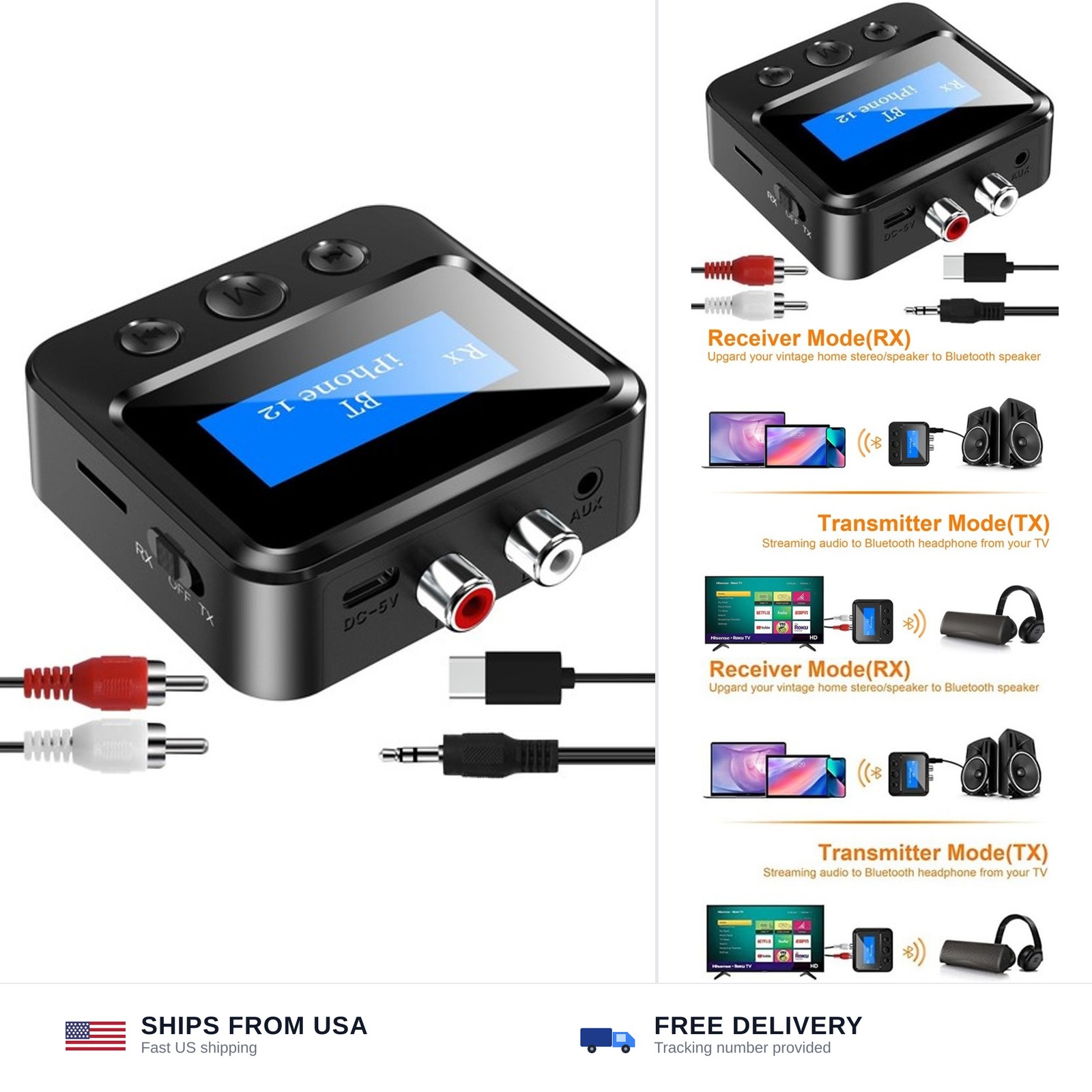 Bluetooth Transmitter Receiver for TV, with RCA 3.5mm AUX & Display Audio Ada...