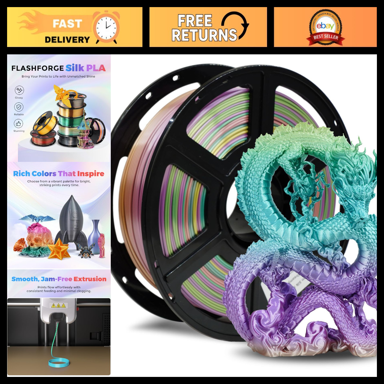 Silk PLA 3D Printer Filament 1.75mm 1kg Spool - Smooth Texture, High Precision