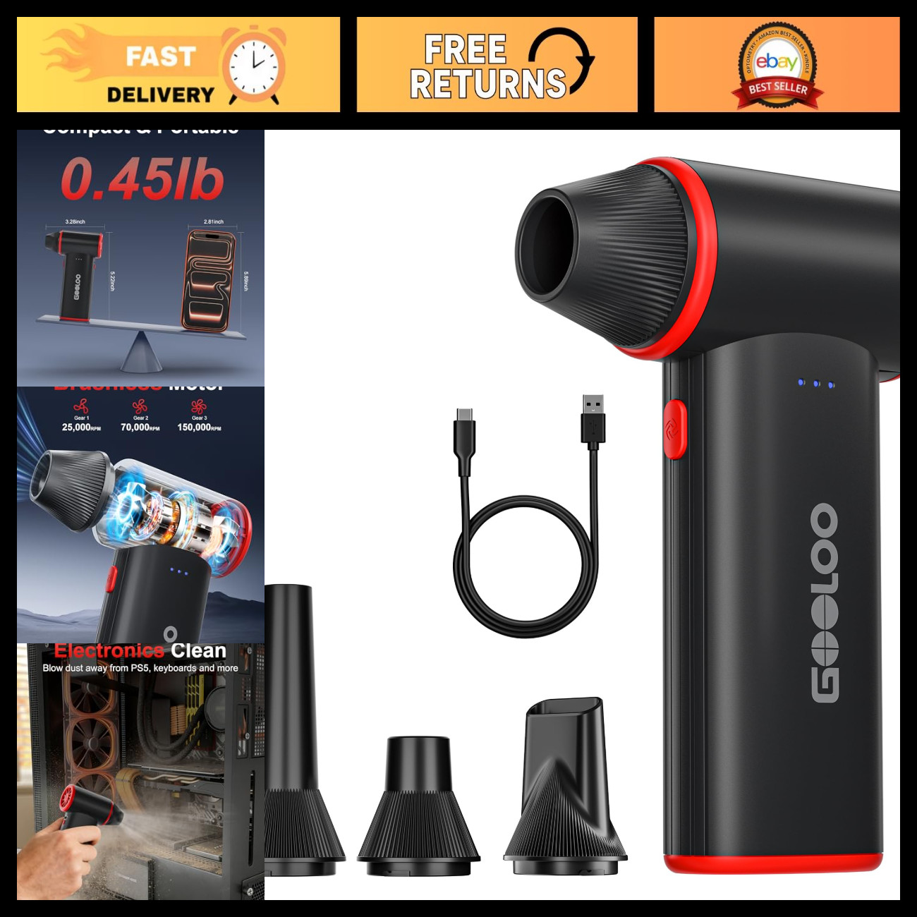 Ultra-Power Compressed Air Duster 150000RPM for PC, Keyboard & Electronics Clean