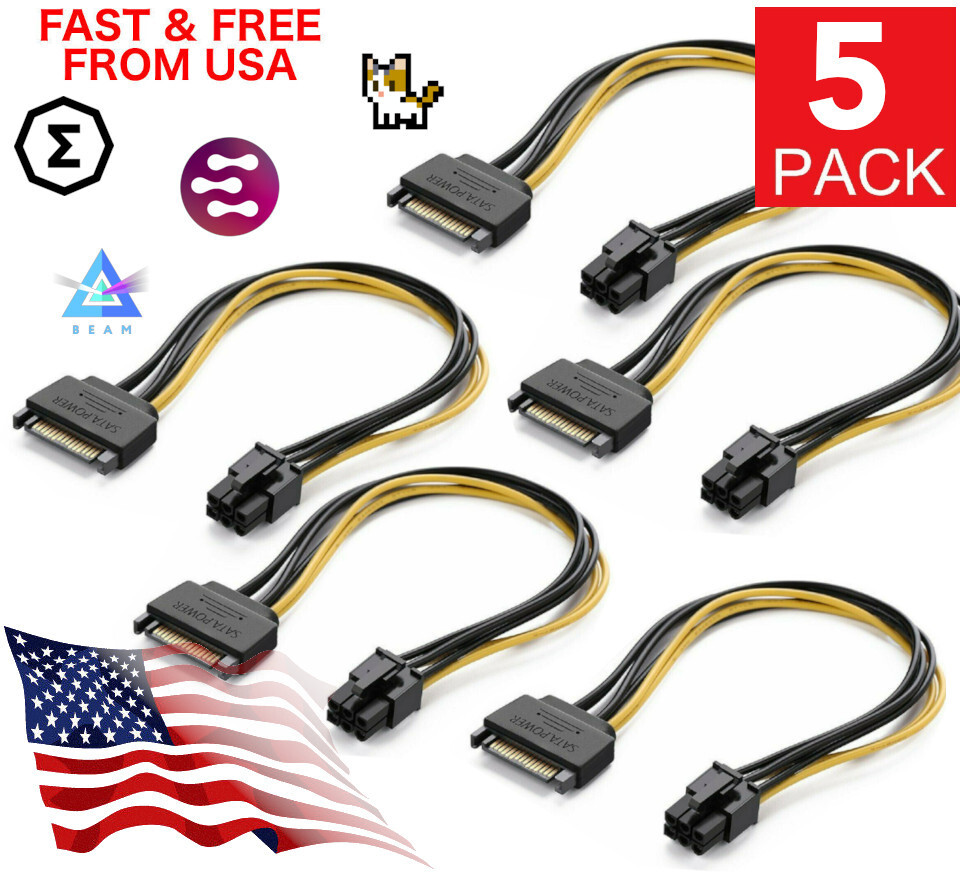 5 PACK 8-Inch SATA 15-Pin to 6-Pin PCI Express Card Power Adapter Cable