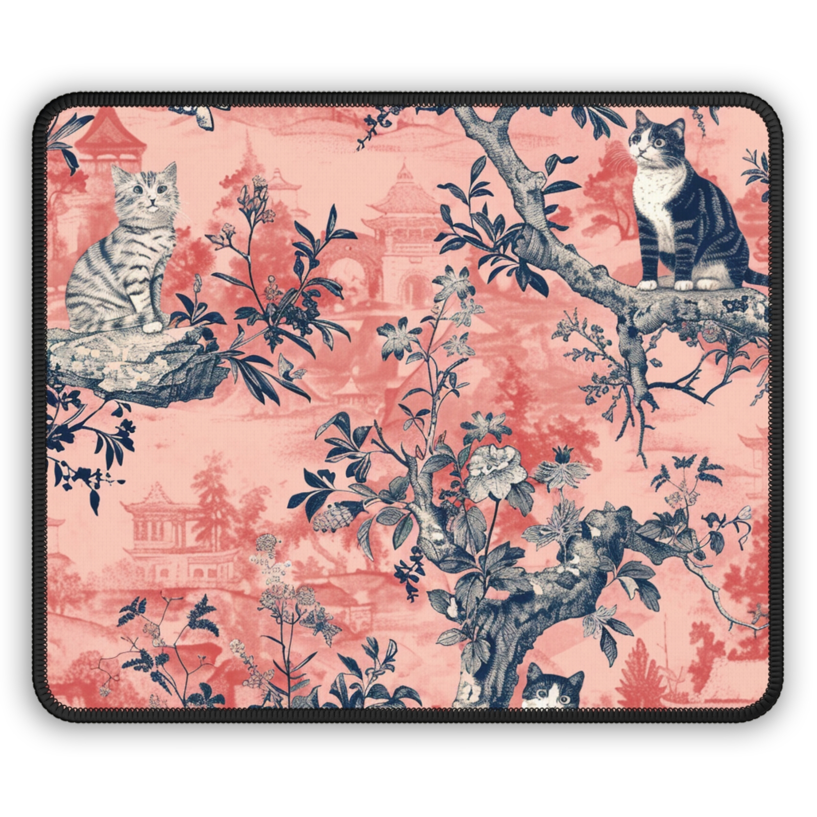 Chinoiserie Floral Cats Gaming Mouse Pad - Cat Lover Desk Accessory