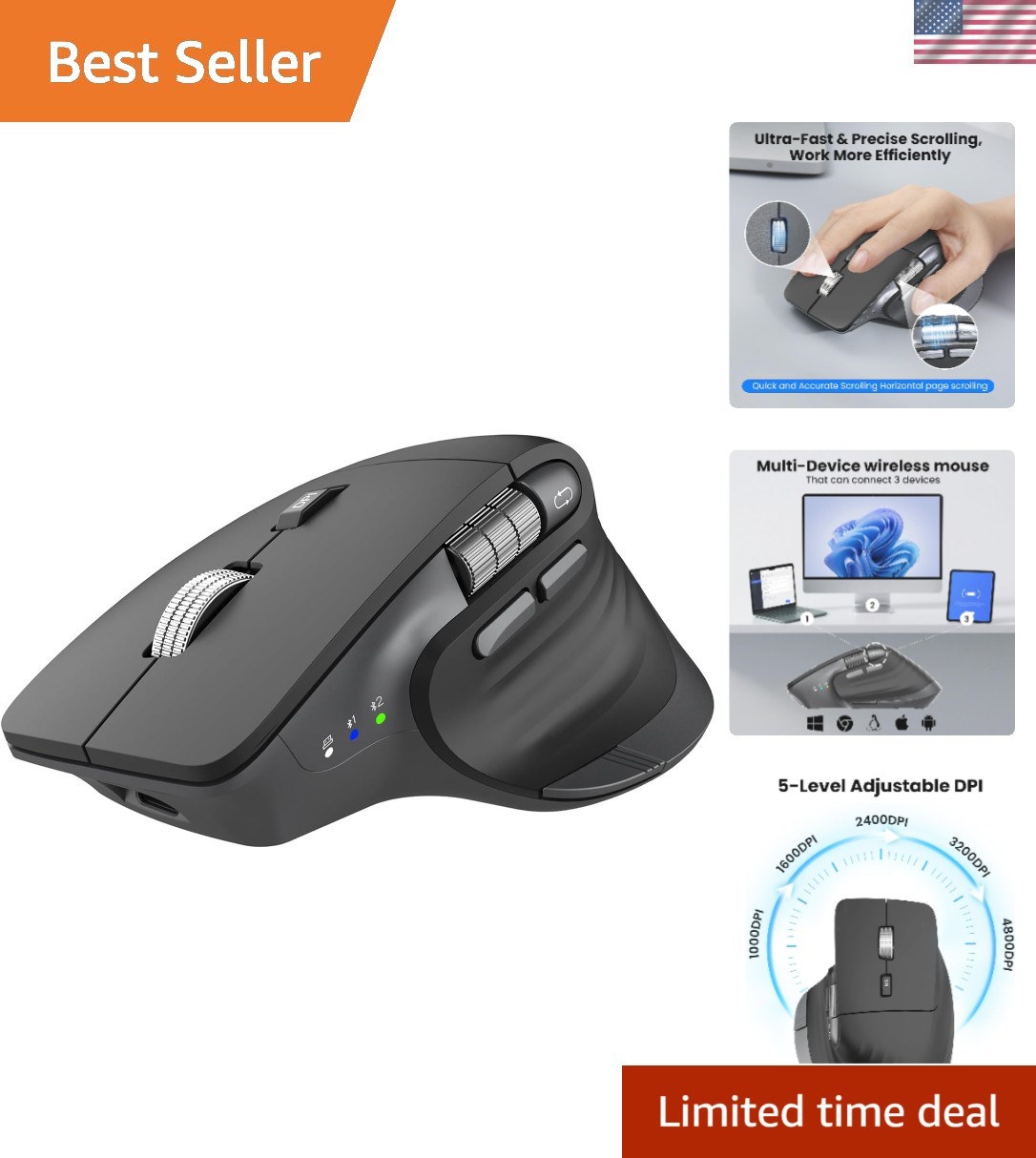 Ergonomic Bluetooth Mouse with Silent Click & 4800 DPI - Multi-Device Compatible