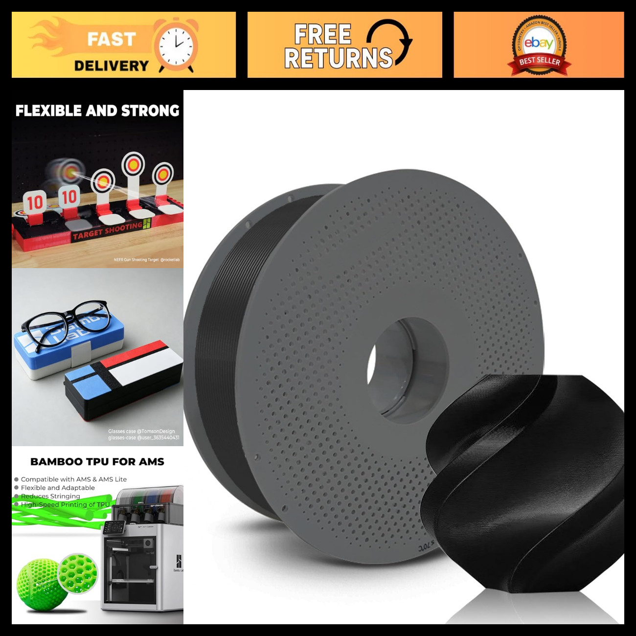 Multi-Color Bamboo TPU Filament for 3D Printers, Soft Flexible, High-Speed, RFID