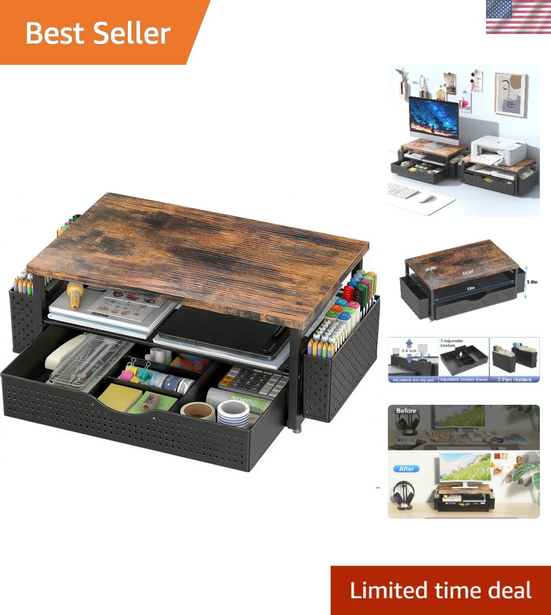 Elegant Ergonomic Desk Organizer & Monitor Stand Riser with Drawer + Pen Holders