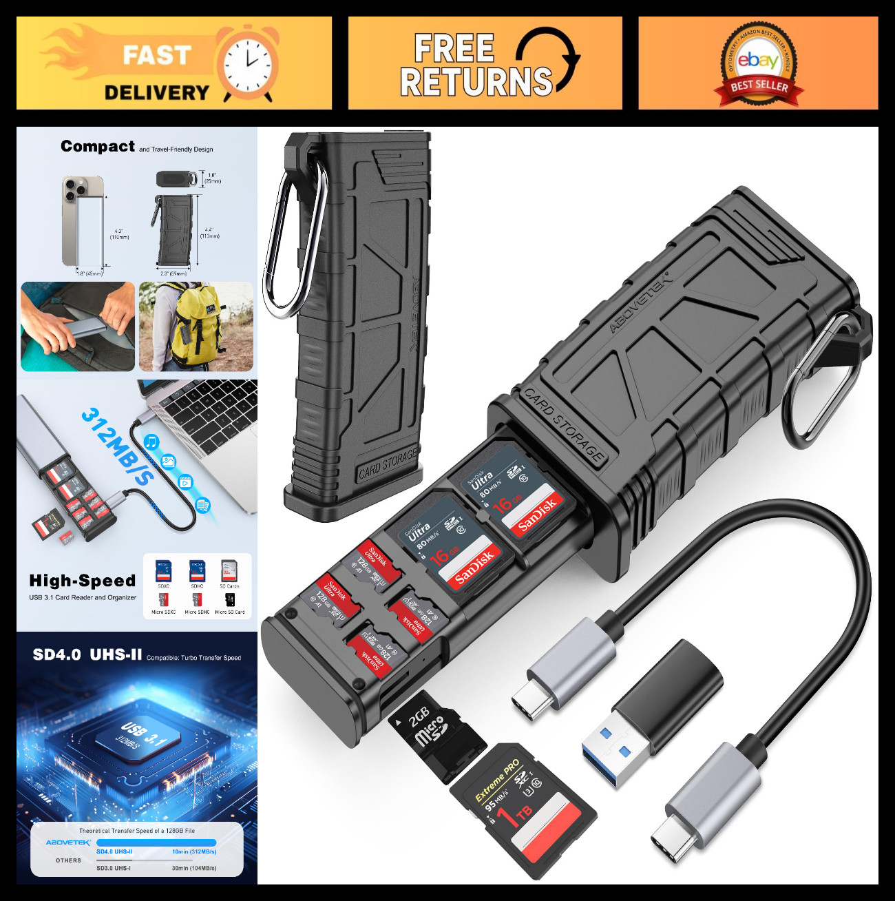 2-in-1 High-Speed SD/Micro SD Card Reader & Holder, USB 3.1 Type-C, UHS-II, Comp